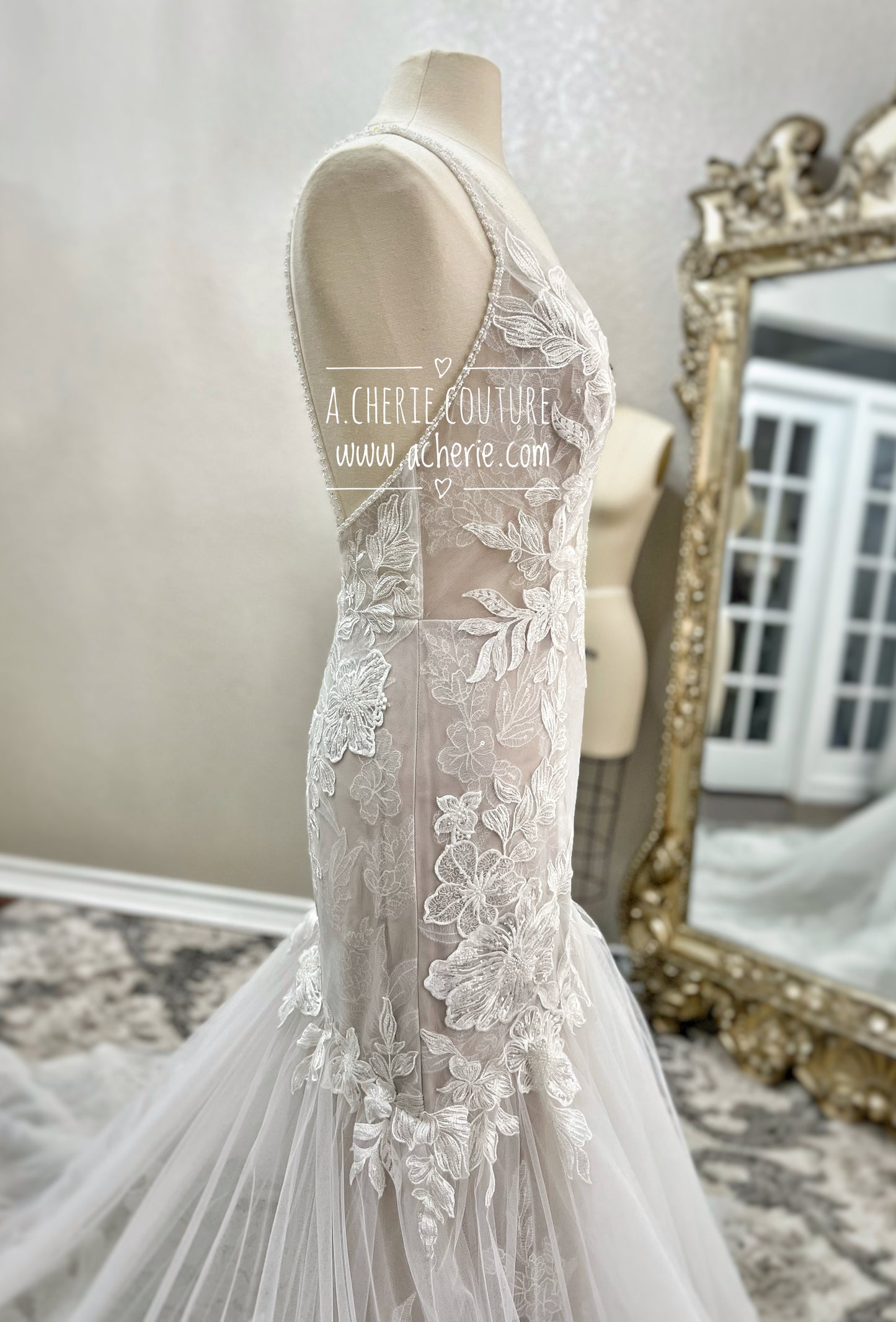 Strappy Low Back Plunge Neckline Beaded Floral Lace Trumpet Wedding Dress Kai - A.Cherie Couture Shop