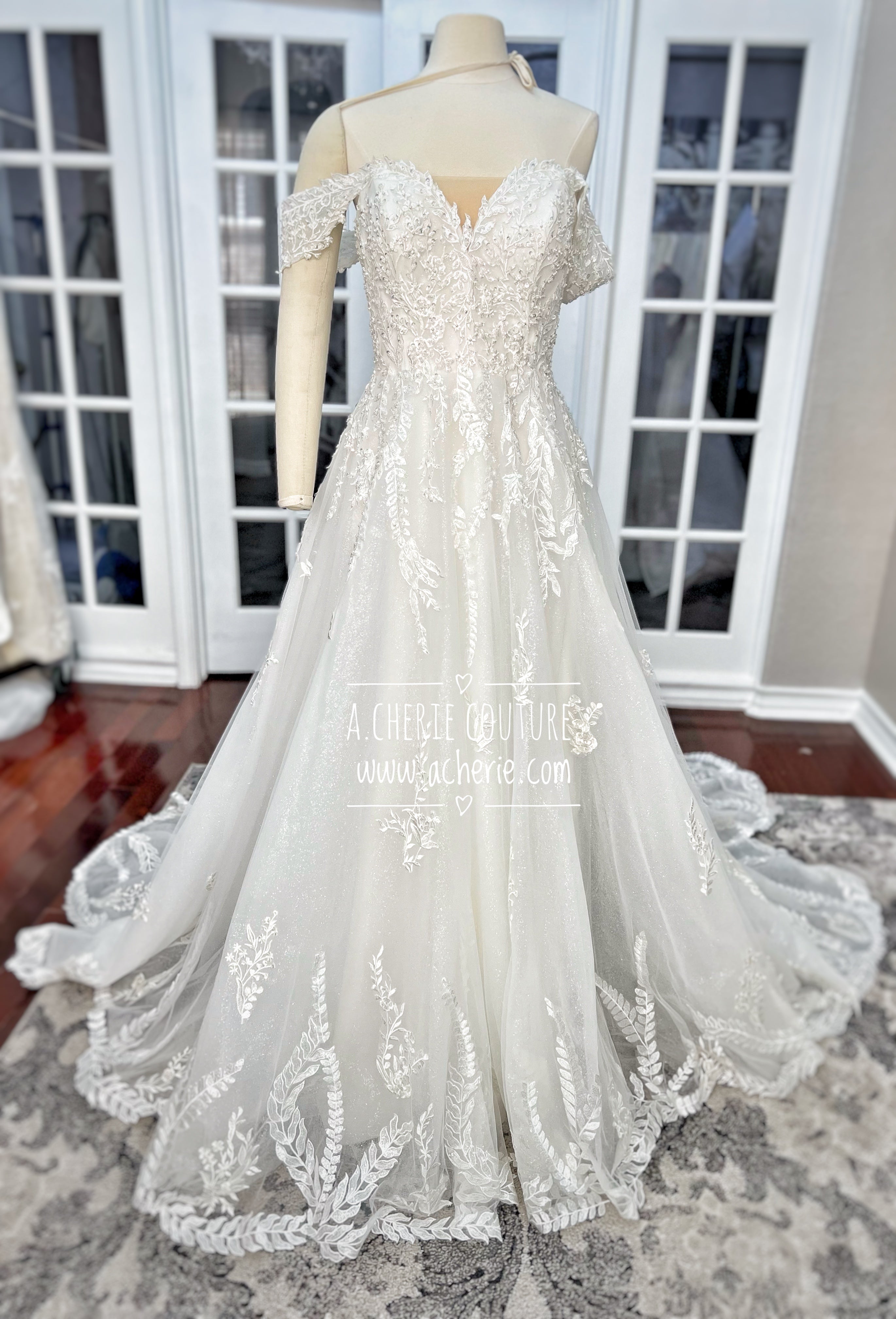 Plunge Neckline Beaded Foliage Lace A-Line Wedding Dress