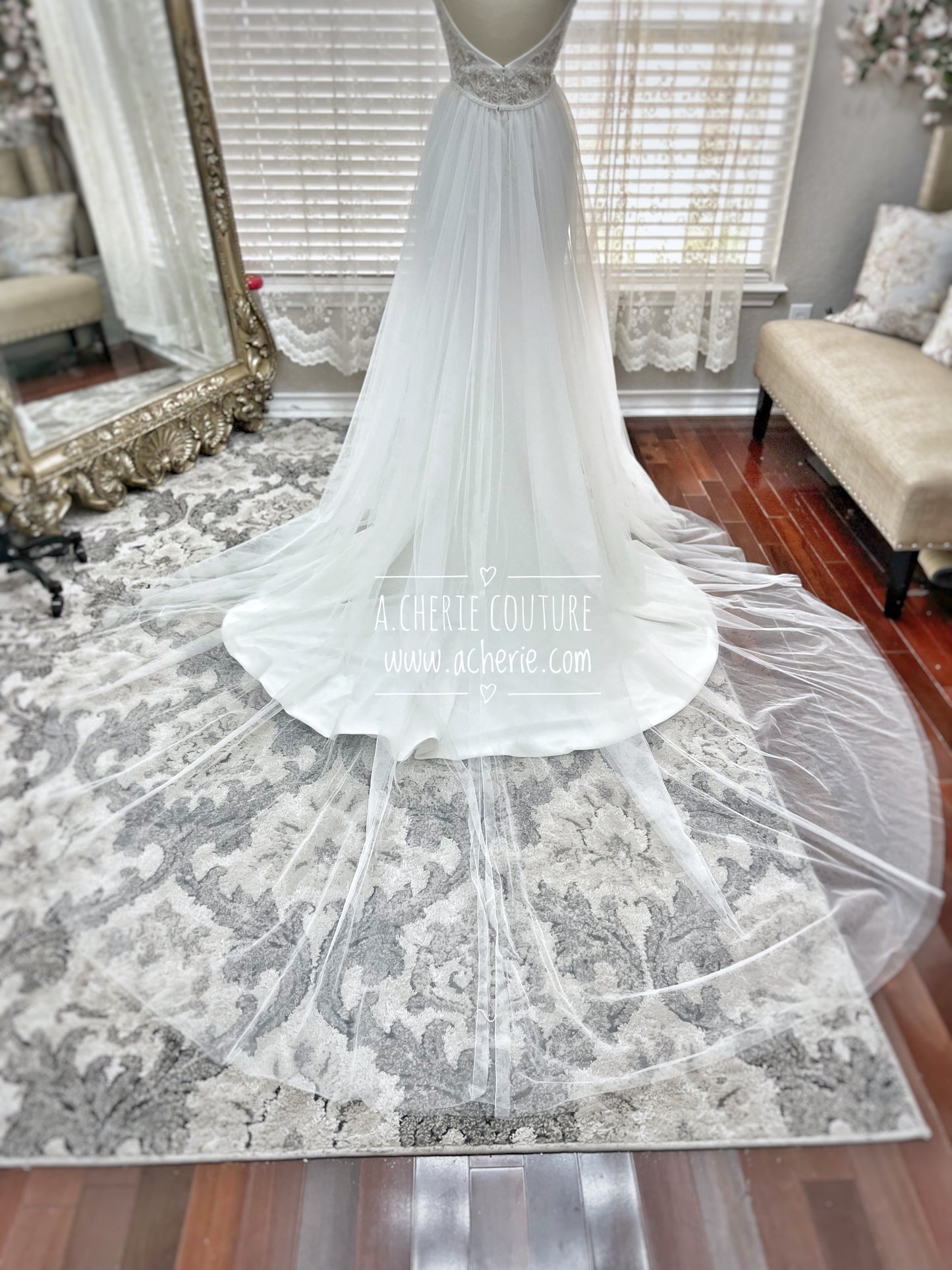 Minimalistic Tulle Wedding Overskirt with Beaded Belt - A.Cherie Couture Shop