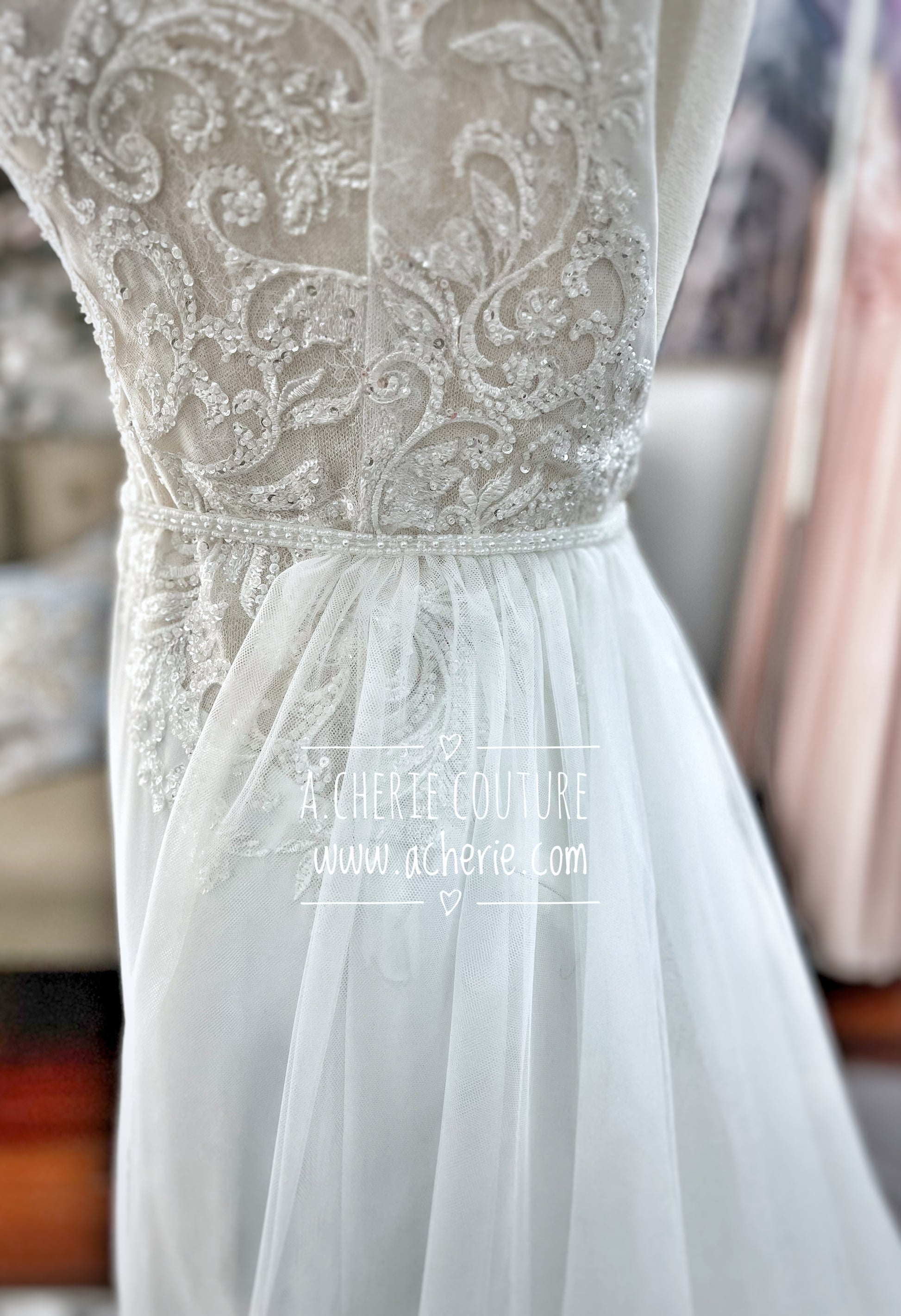 Minimalistic Tulle Wedding Overskirt with Beaded Belt - A.Cherie Couture Shop