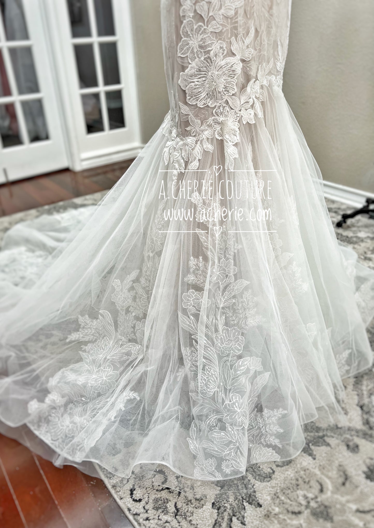 Strappy Low Back Plunge Neckline Beaded Floral Lace Trumpet Wedding Dress Kai - A.Cherie Couture Shop