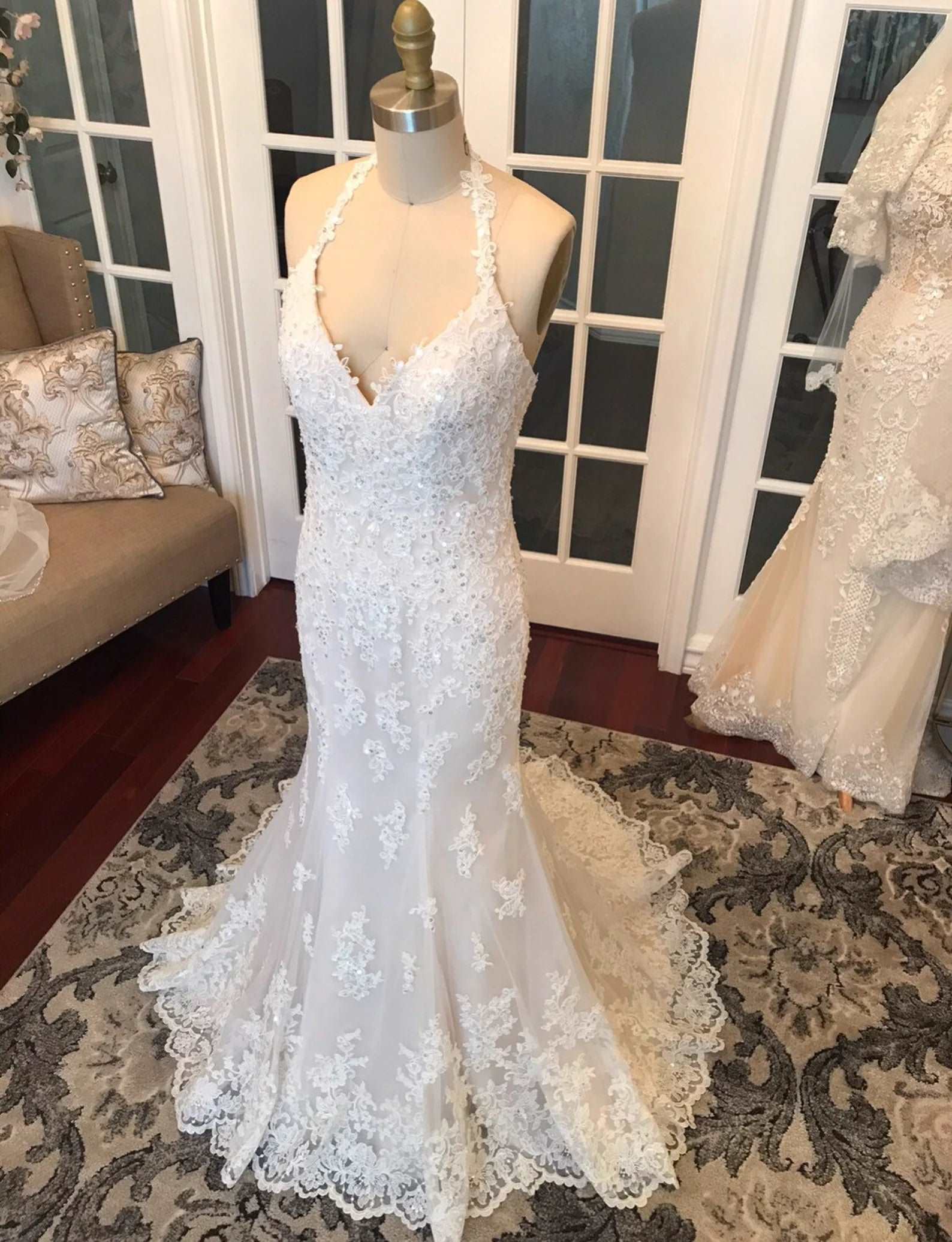 Halter Sequin Floral Lace Fit & Flare Wedding Dress | Shop A.Cherie Light Ivory / US8 Halter Sequin Floral Lace Fit & Flare Wedding Dress | Shop A.Cherie Light Ivory / US8