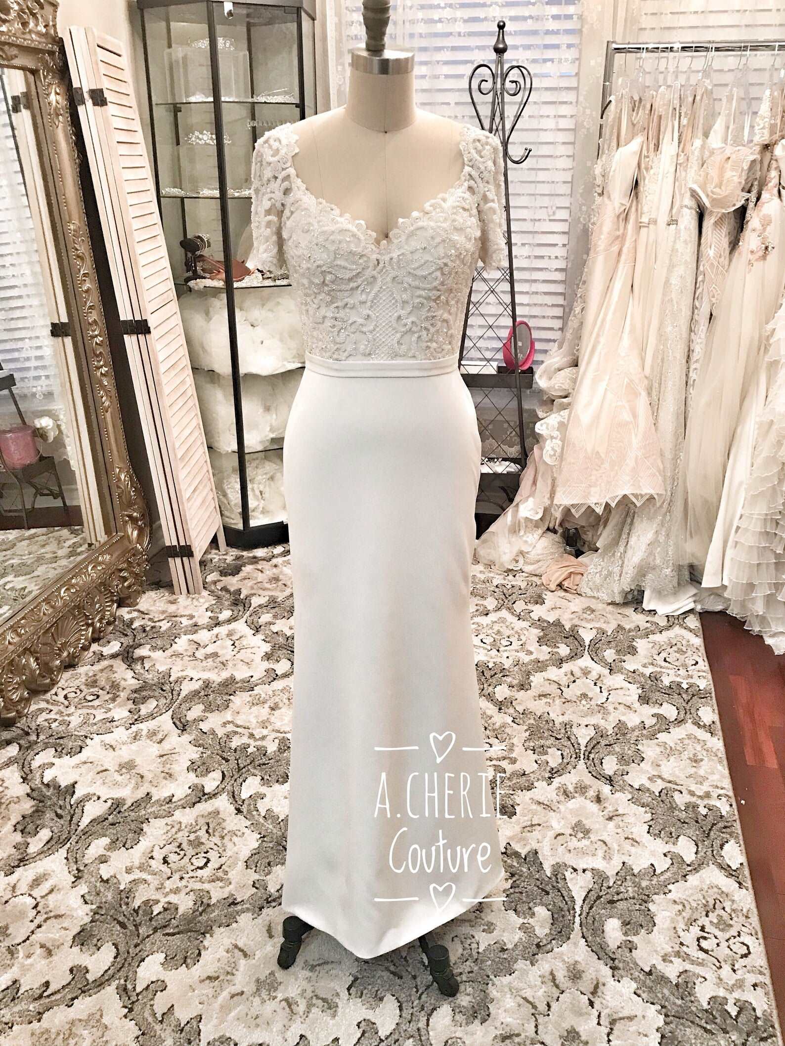 Heavily Beaded Bodice Fitted Sheath Wedding Dress | Shop A.Cherie Light Ivory / US22 / No Overskirt Heavily Beaded Bodice Fitted Sheath Wedding Dress | Shop A.Cherie Light Ivory / US22 / No Overskirt