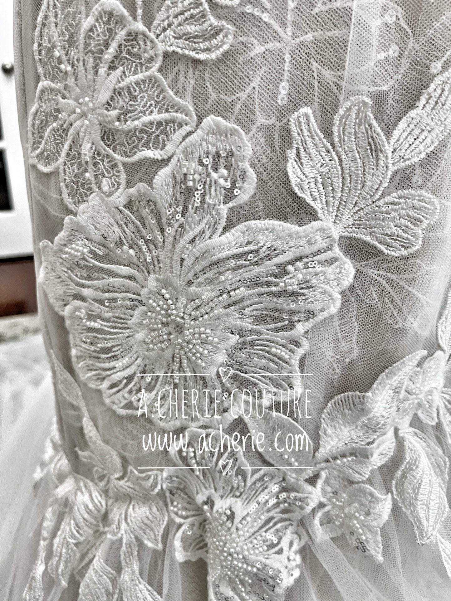 Strappy Low Back Plunge Neckline Beaded Floral Lace Trumpet Wedding Dress Kai - A.Cherie Couture Shop