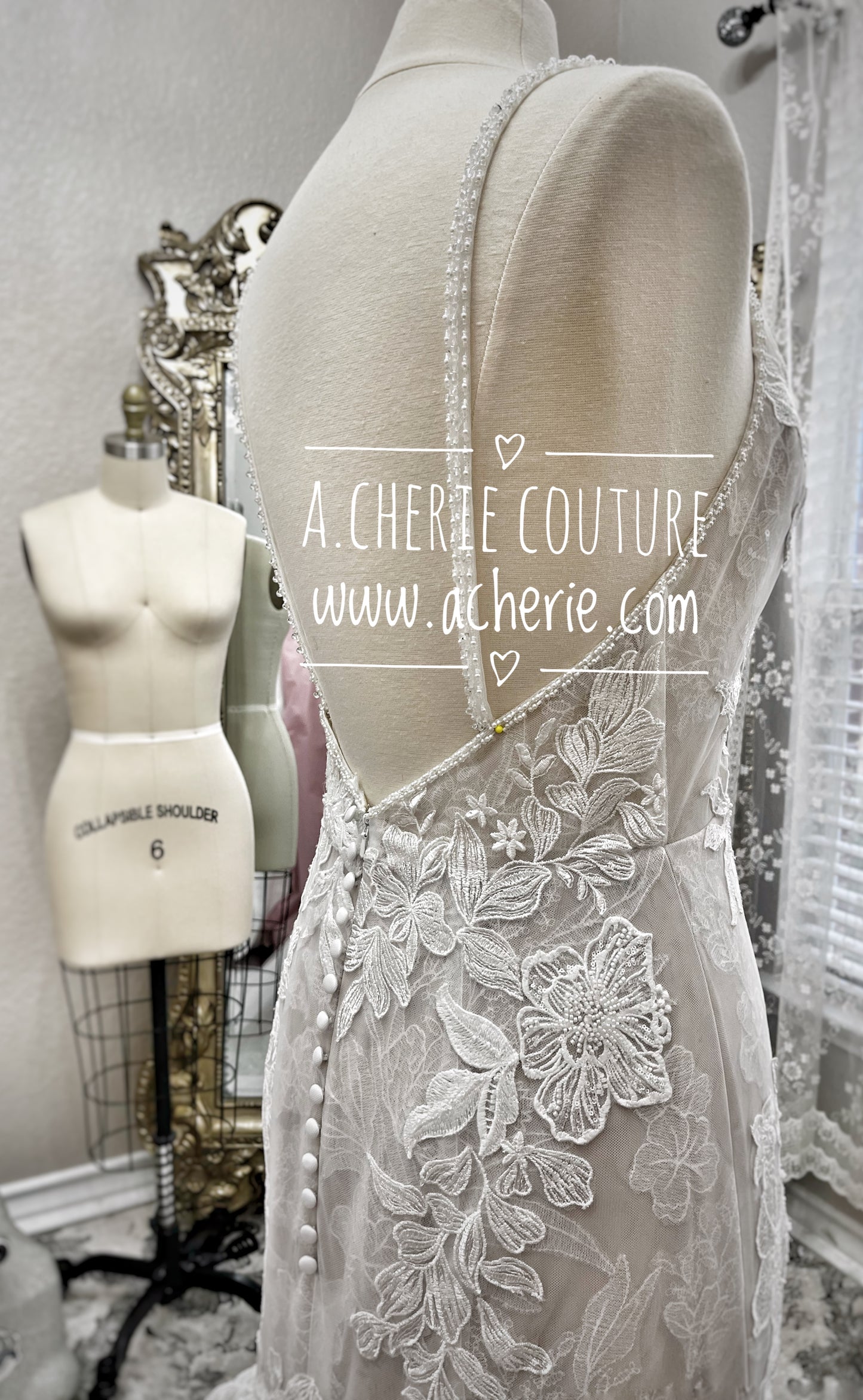 Strappy Low Back Plunge Neckline Beaded Floral Lace Trumpet Wedding Dress Kai - A.Cherie Couture Shop