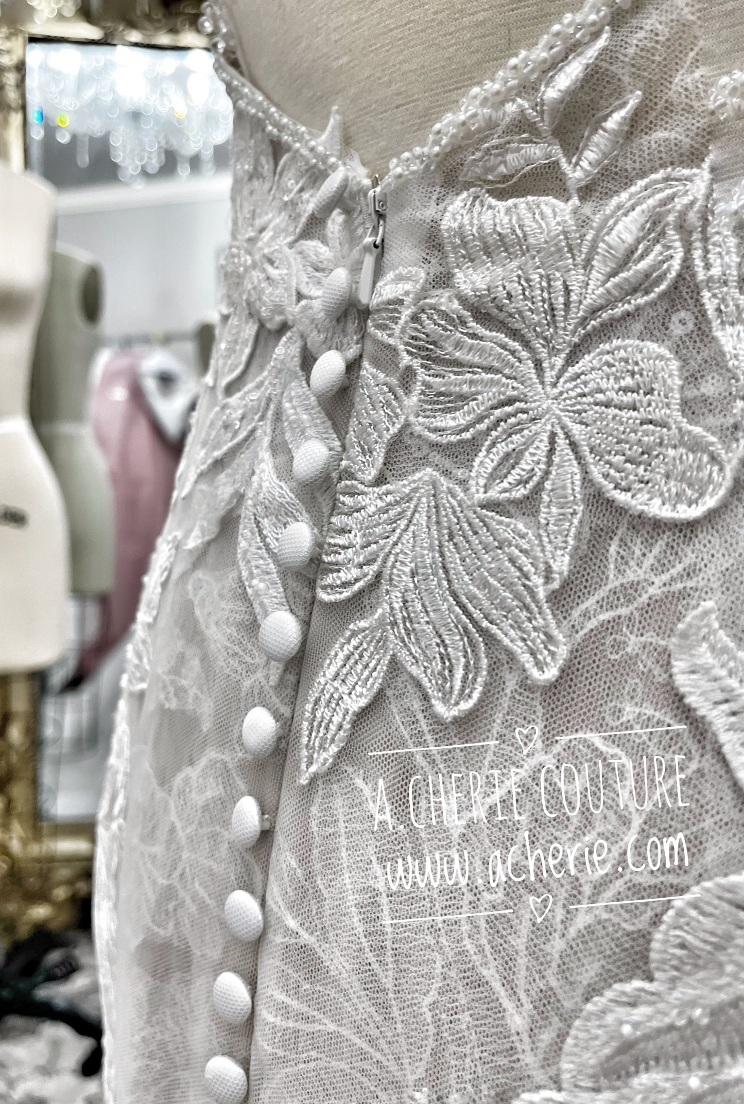Strappy Low Back Plunge Neckline Beaded Floral Lace Trumpet Wedding Dress Kai - A.Cherie Couture Shop