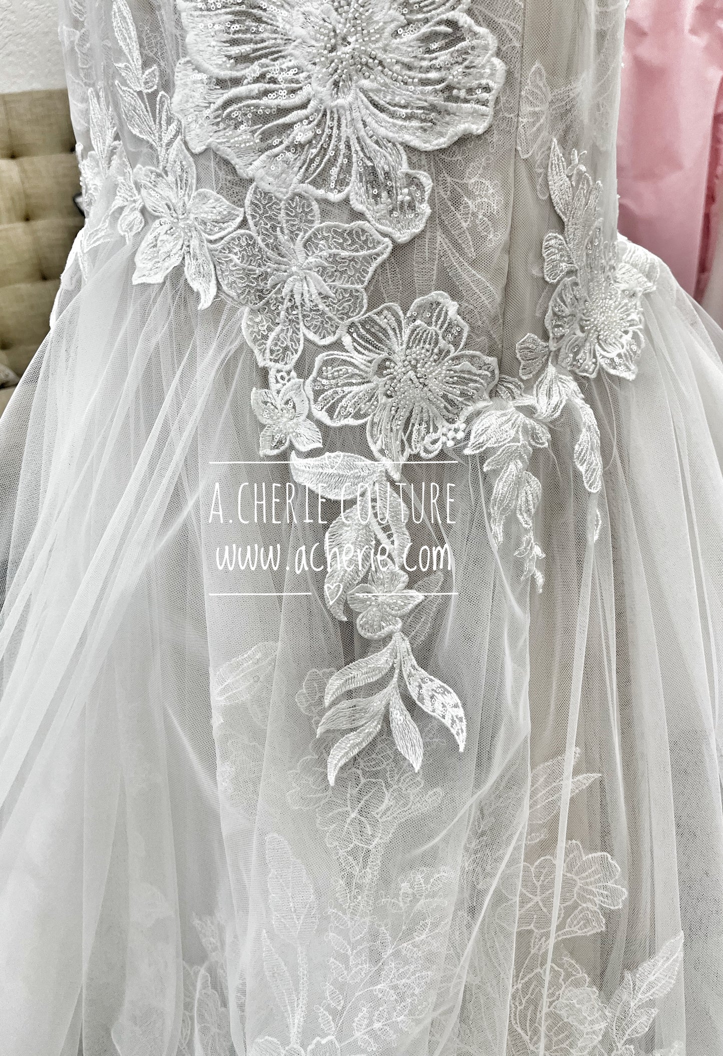 Strappy Low Back Plunge Neckline Beaded Floral Lace Trumpet Wedding Dress Kai - A.Cherie Couture Shop