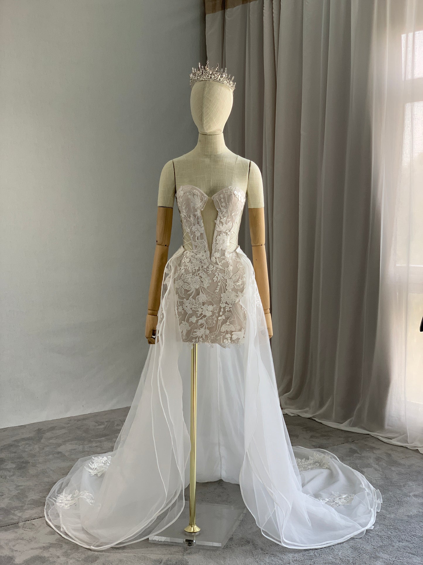 Sequined Floral Lace on Tulle Wedding Overskirt - A.Cherie Couture Shop