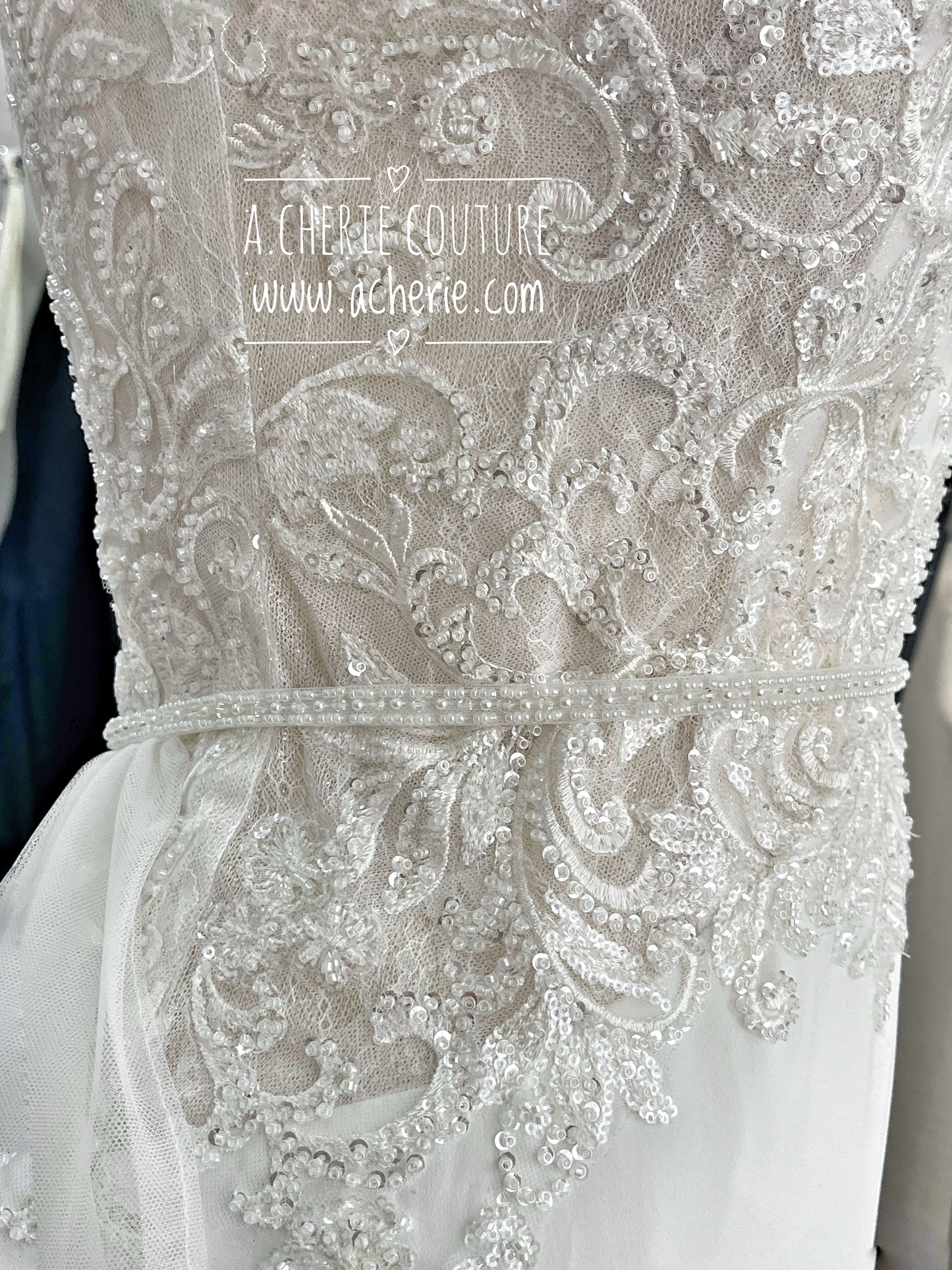 Minimalistic Tulle Wedding Overskirt with Beaded Belt - A.Cherie Couture Shop