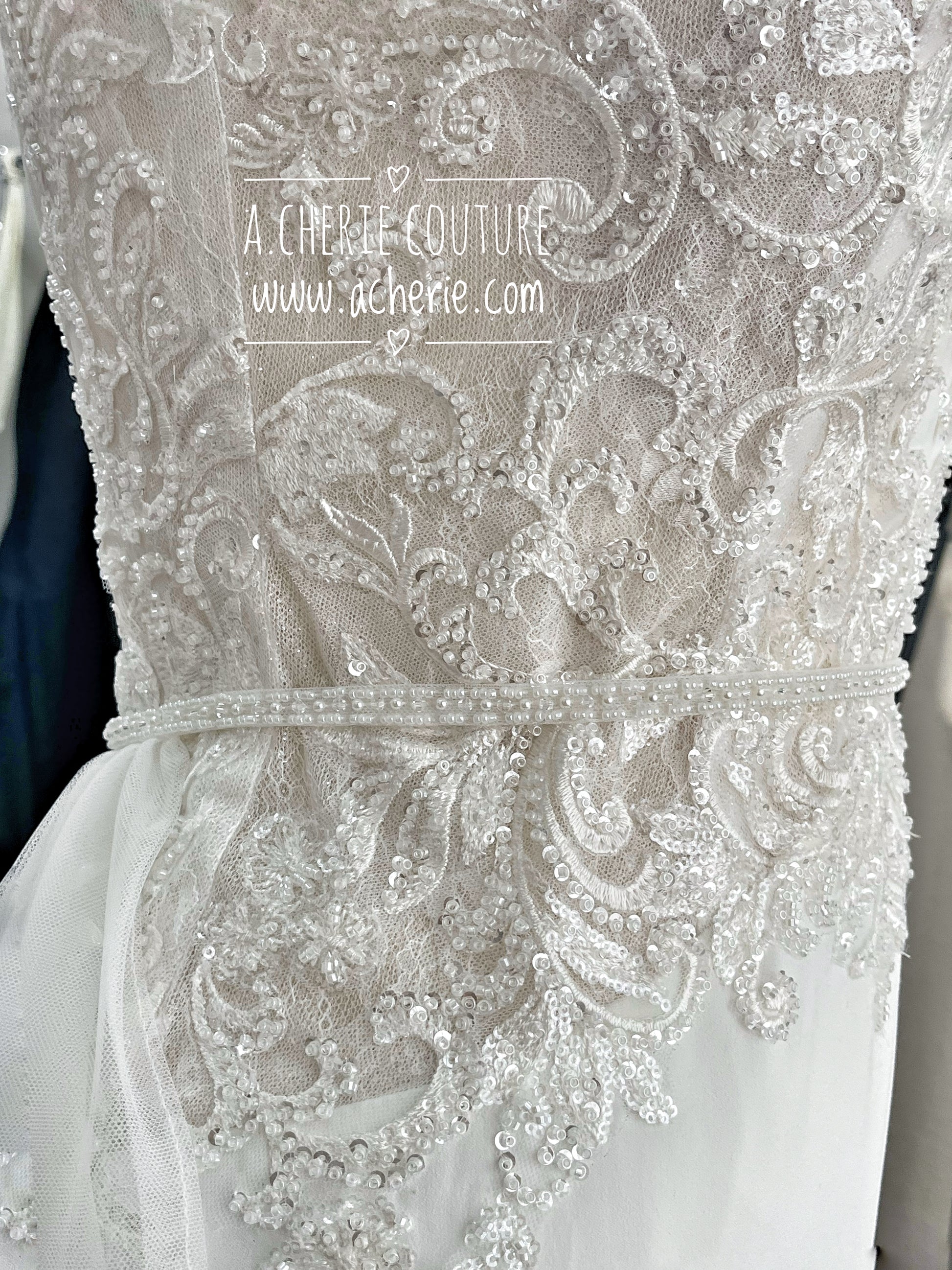 Minimalistic Tulle Wedding Overskirt with Beaded Belt - A.Cherie Couture Shop