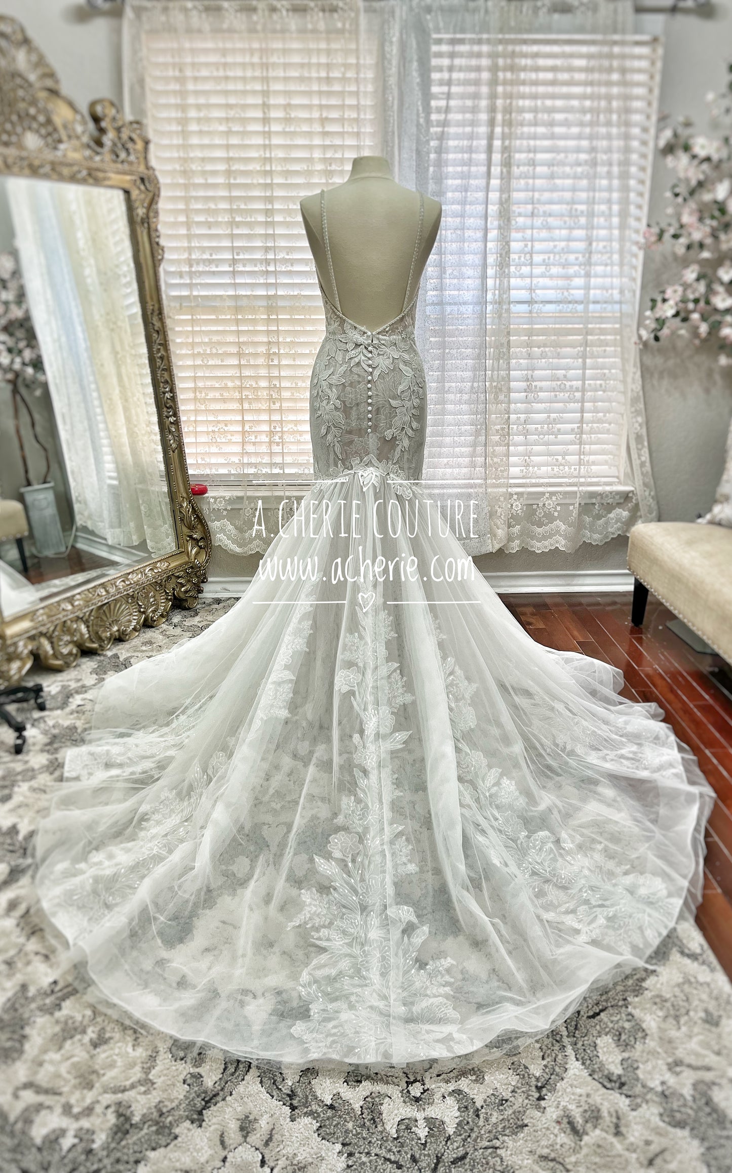 Strappy Low Back Plunge Neckline Beaded Floral Lace Trumpet Wedding Dress Kai - A.Cherie Couture Shop