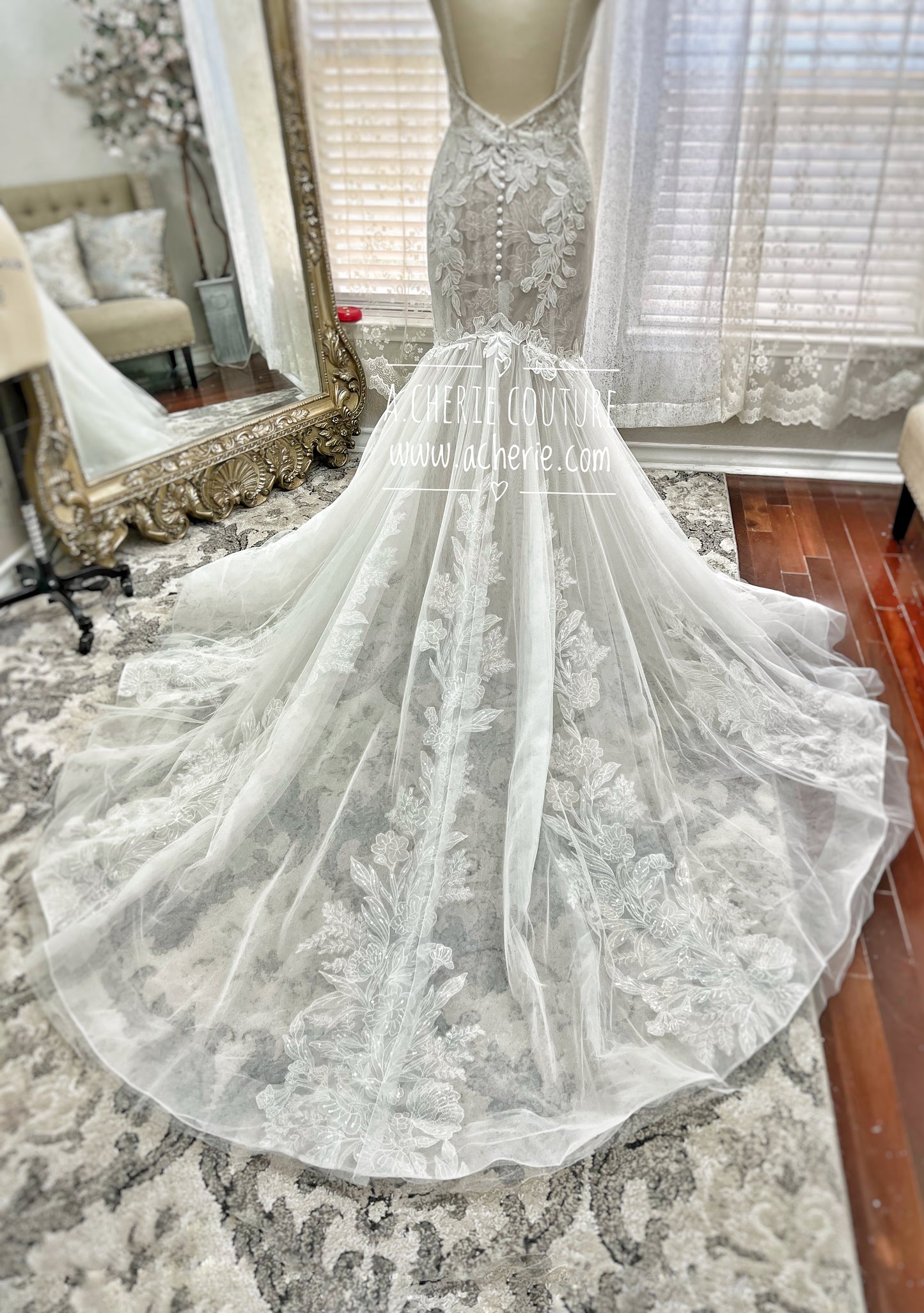 Strappy Low Back Plunge Neckline Beaded Floral Lace Trumpet Wedding Dress Kai - A.Cherie Couture Shop