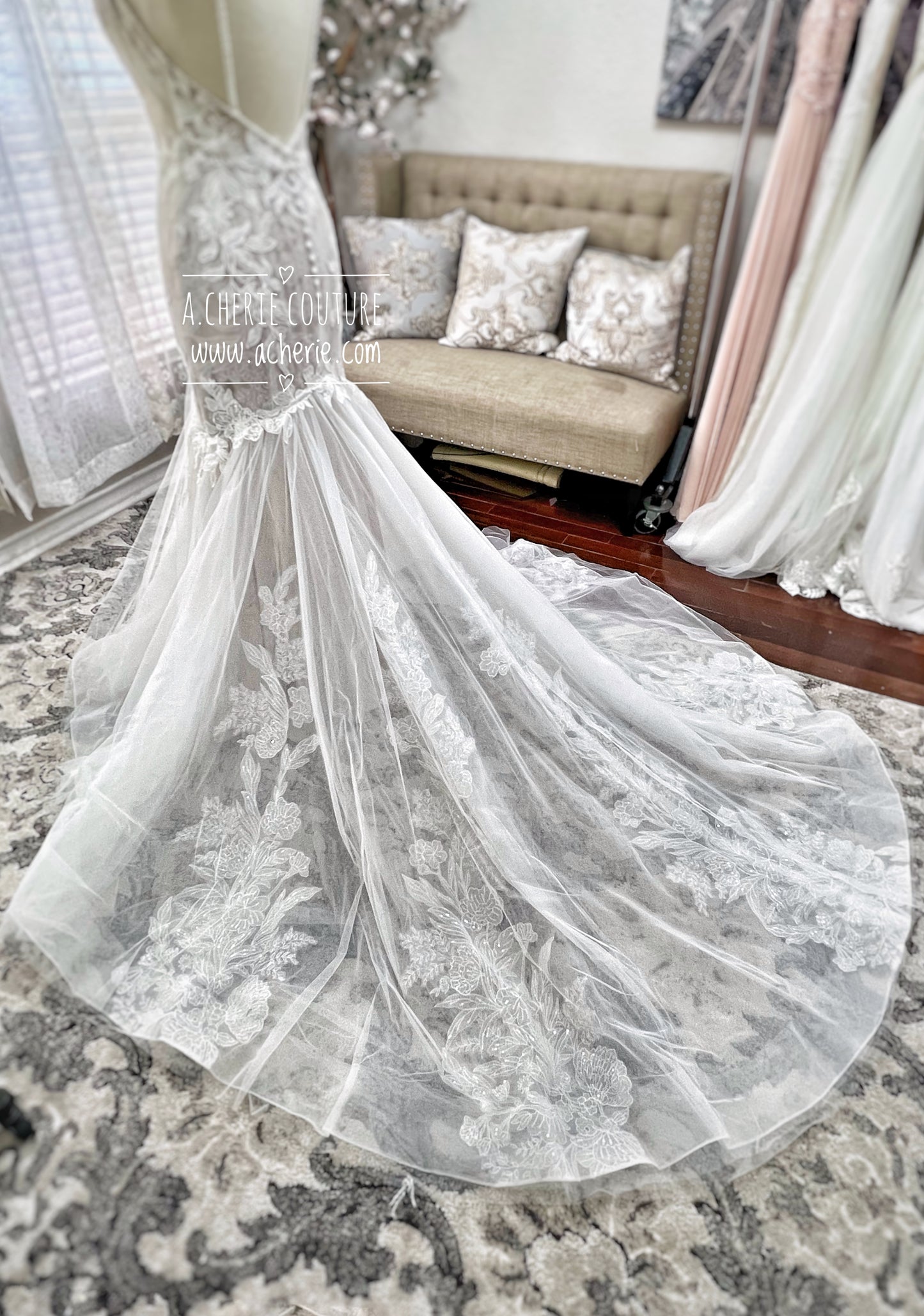 Strappy Low Back Plunge Neckline Beaded Floral Lace Trumpet Wedding Dress Kai - A.Cherie Couture Shop