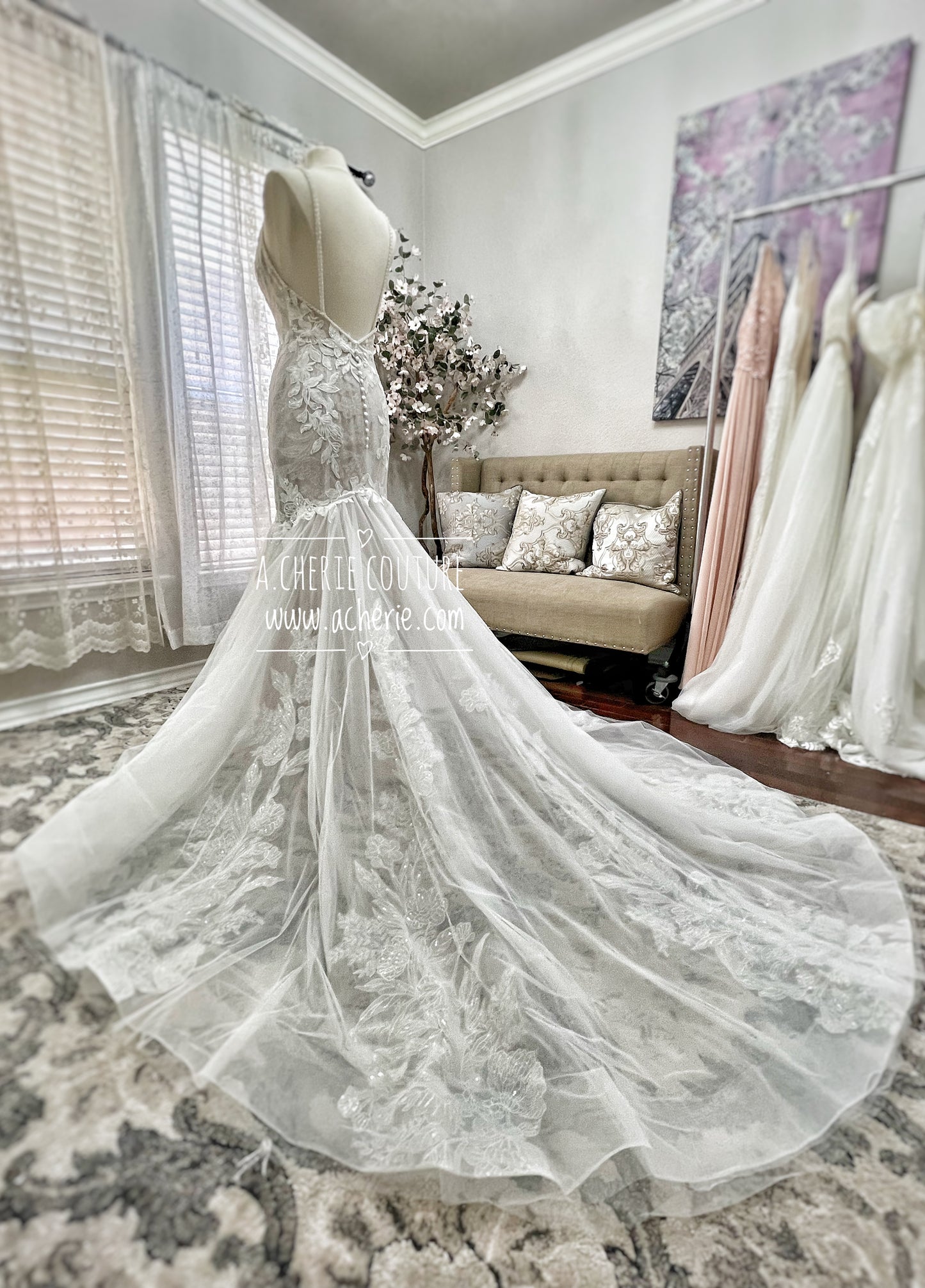 Strappy Low Back Plunge Neckline Beaded Floral Lace Trumpet Wedding Dress Kai - A.Cherie Couture Shop