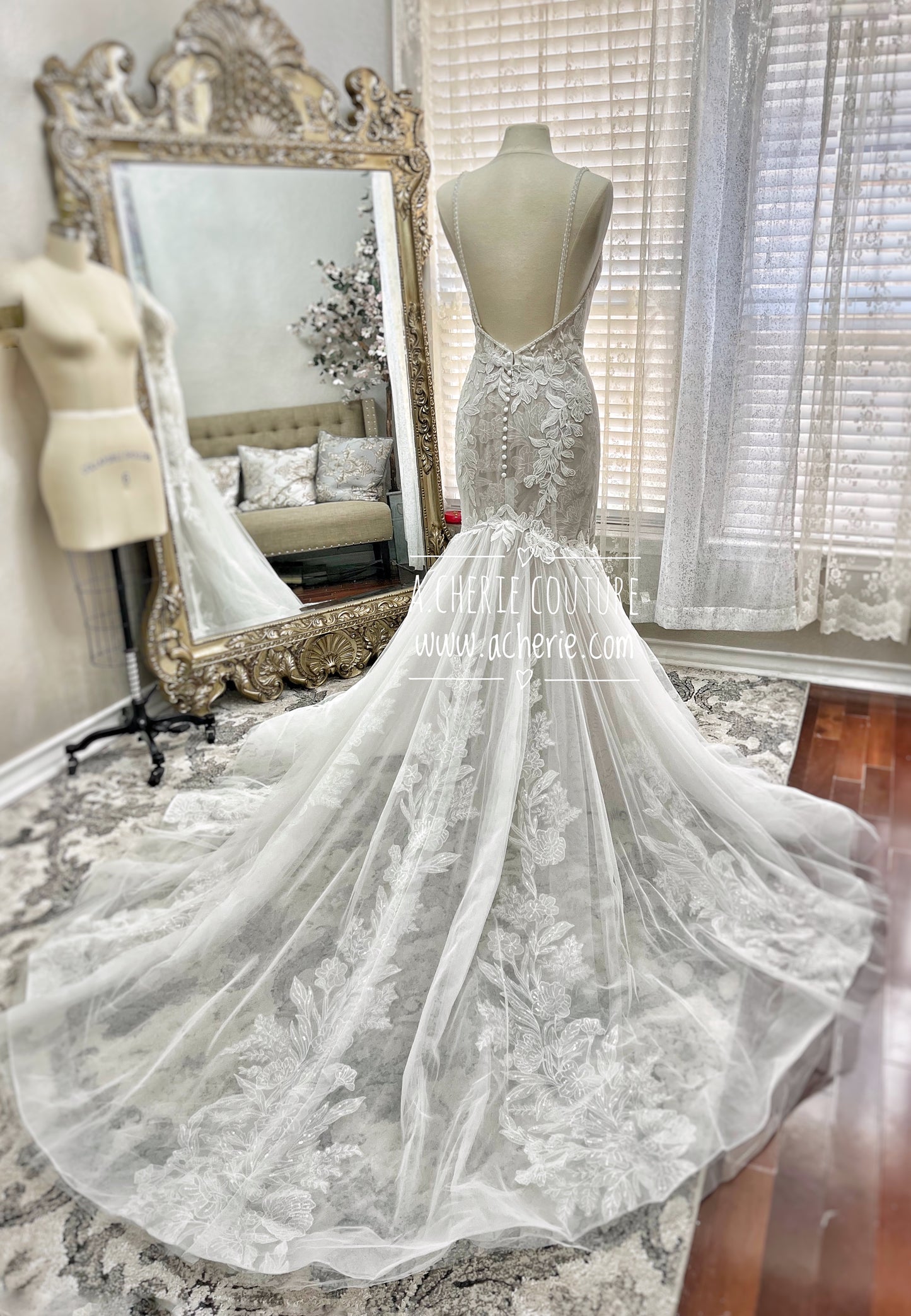 Strappy Low Back Plunge Neckline Beaded Floral Lace Trumpet Wedding Dress Kai - A.Cherie Couture Shop