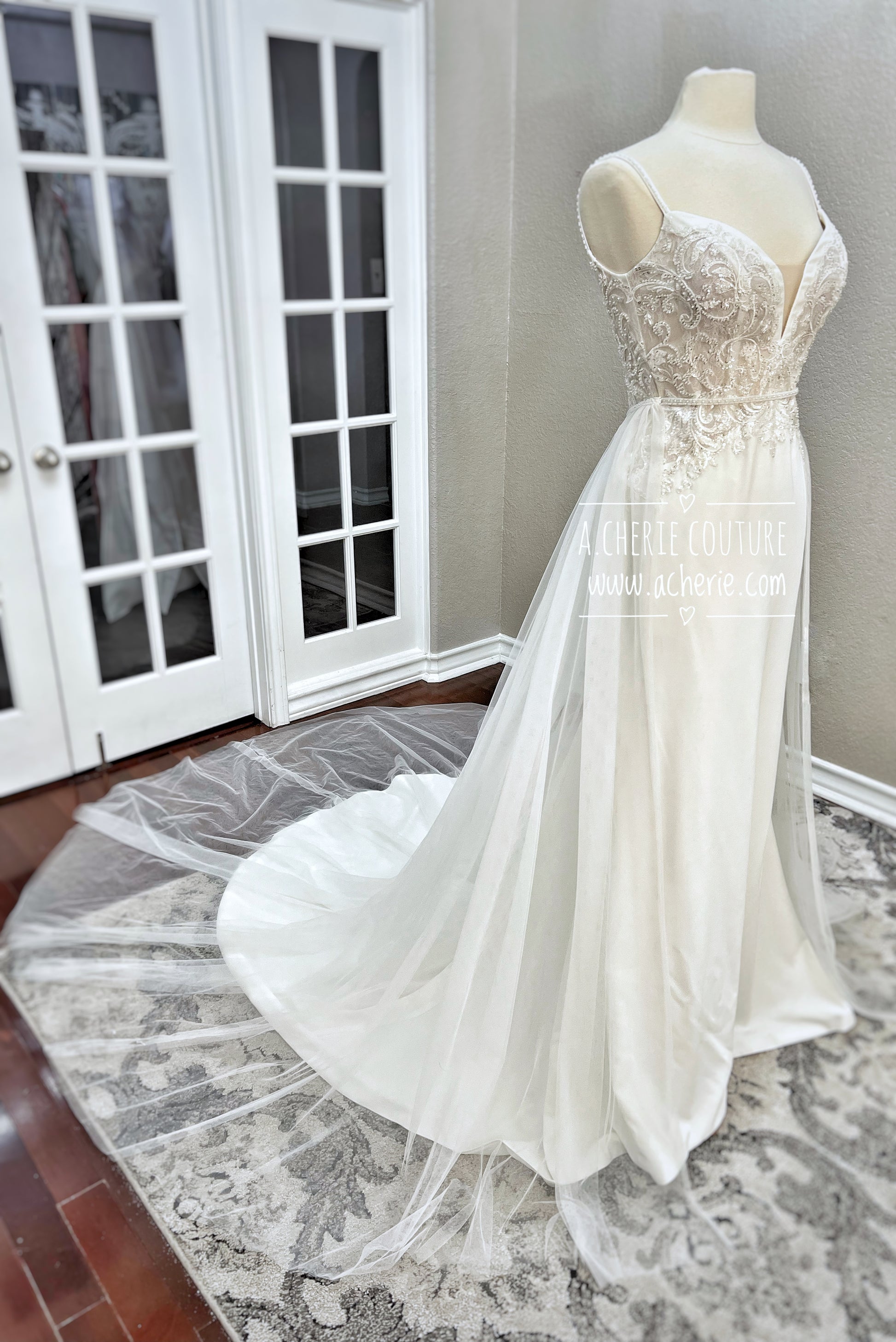 Minimalistic Tulle Wedding Overskirt with Beaded Belt - A.Cherie Couture Shop