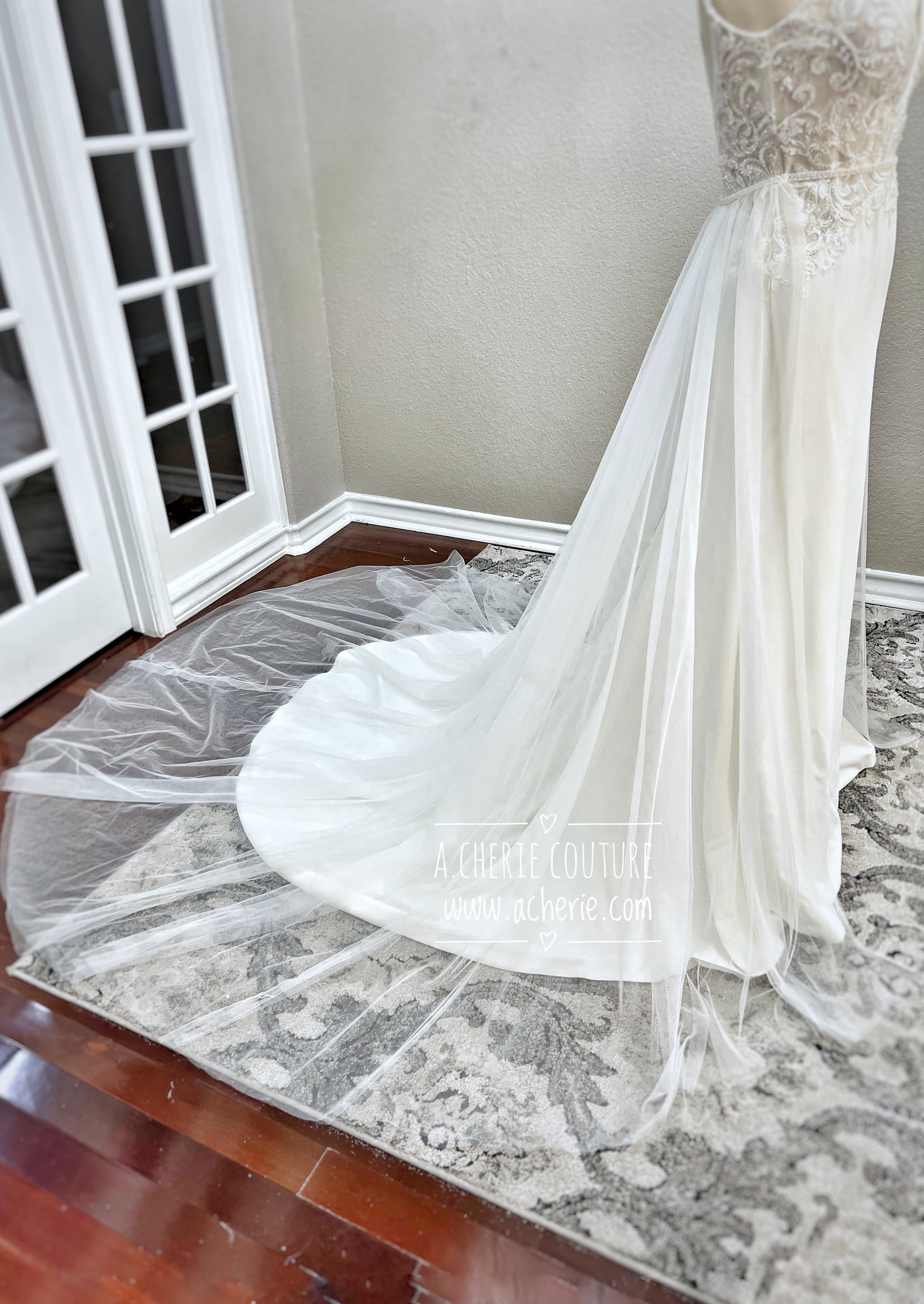 Minimalistic Tulle Wedding Overskirt with Beaded Belt - A.Cherie Couture Shop