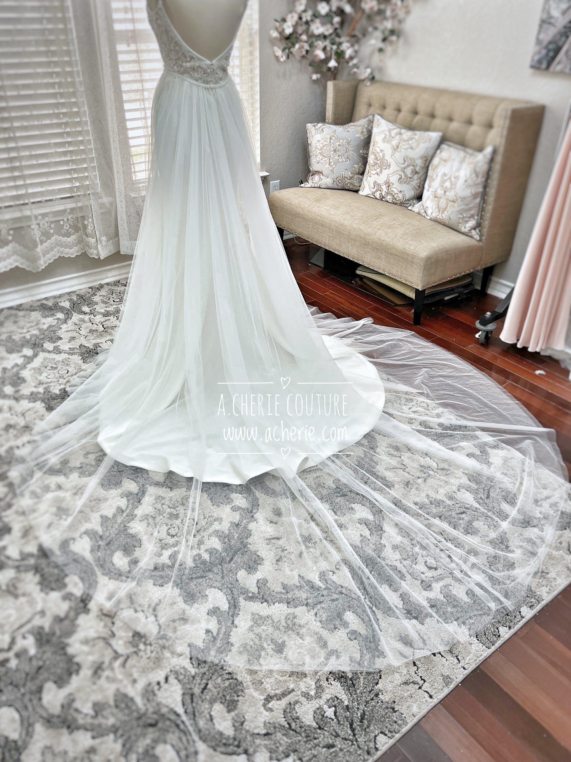 Minimalistic Tulle Wedding Overskirt with Beaded Belt - A.Cherie Couture Shop