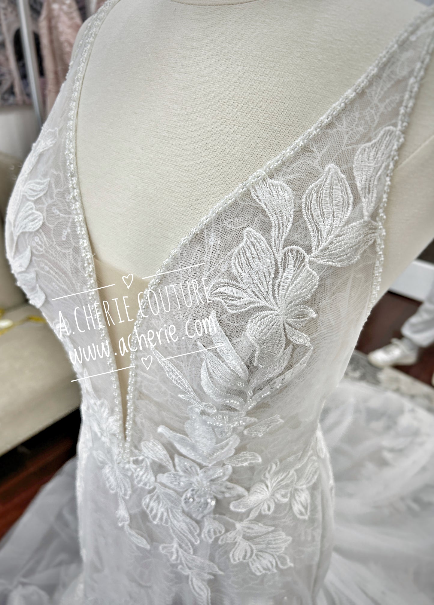 Strappy Low Back Plunge Neckline Beaded Floral Lace Trumpet Wedding Dress Kai - A.Cherie Couture Shop