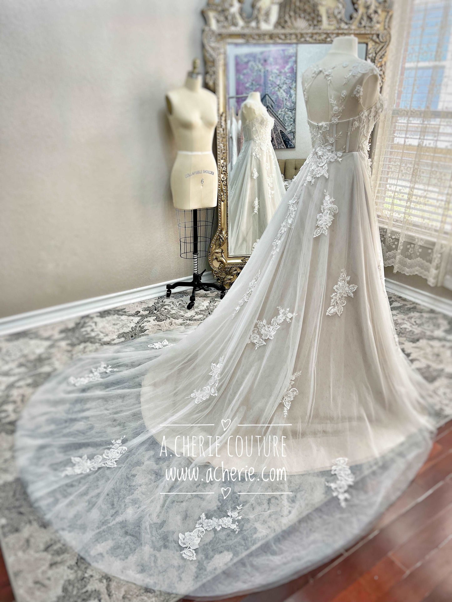 Illusion Neckline 3D Floral Lace A-Line Wedding Dress Faye with Keyhole Back