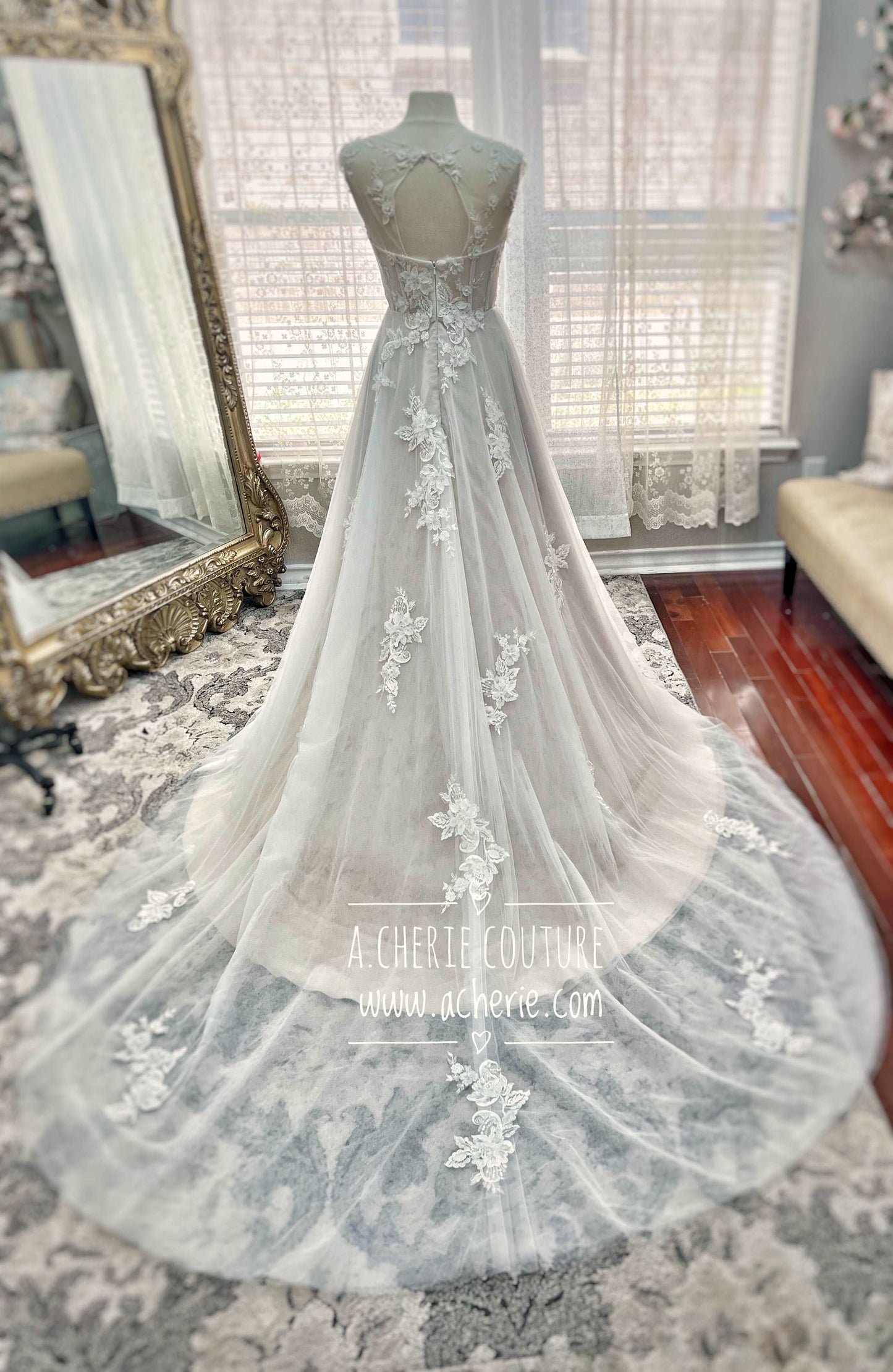 Illusion Neckline 3D Floral Lace A-Line Wedding Dress Faye with Keyhole Back