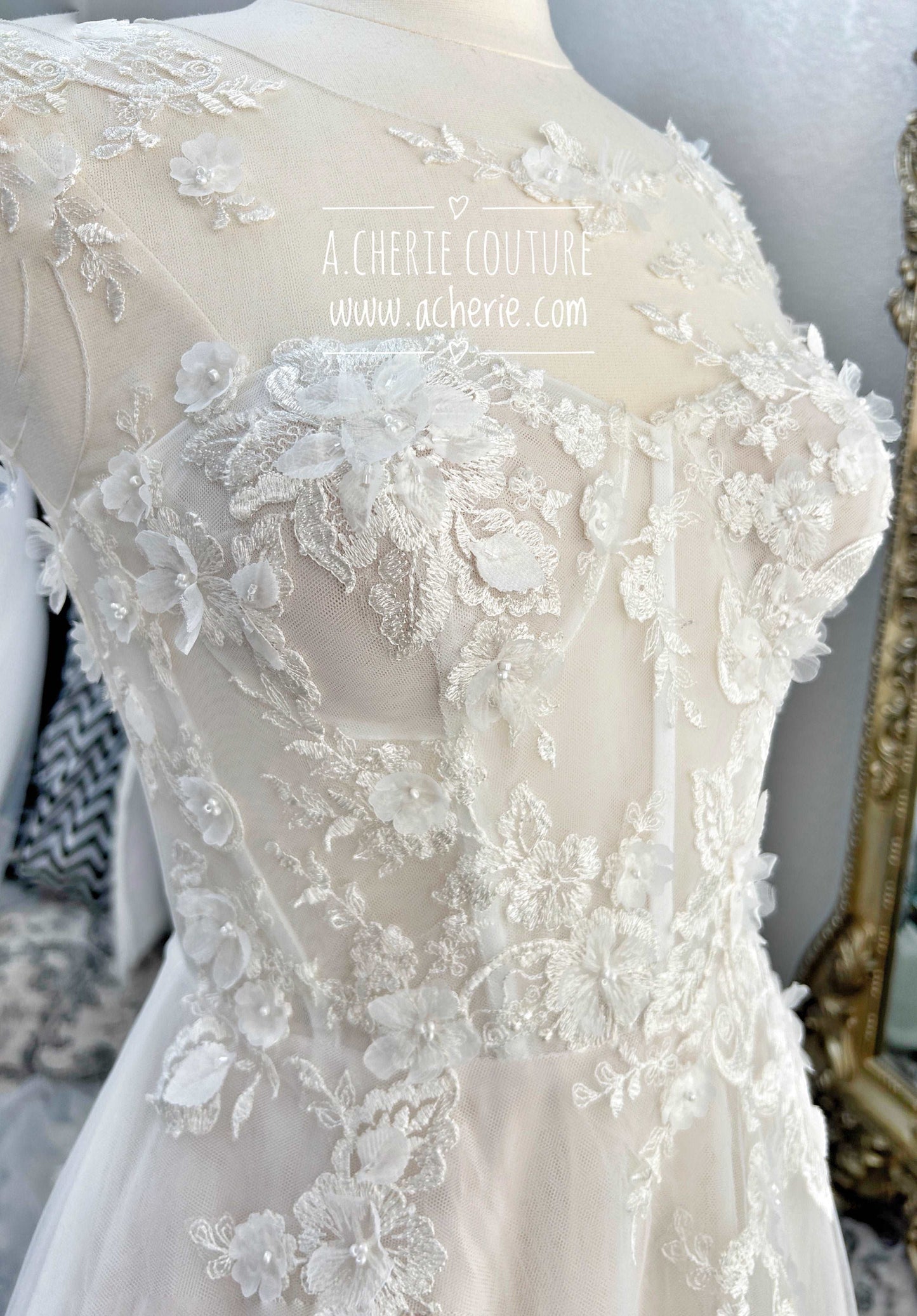 Illusion Neckline 3D Floral Lace A-Line Wedding Dress Faye with Keyhole Back