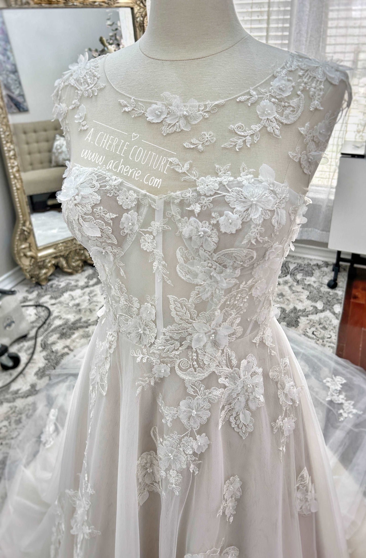 Illusion Neckline 3D Floral Lace A-Line Wedding Dress Faye with Keyhole Back