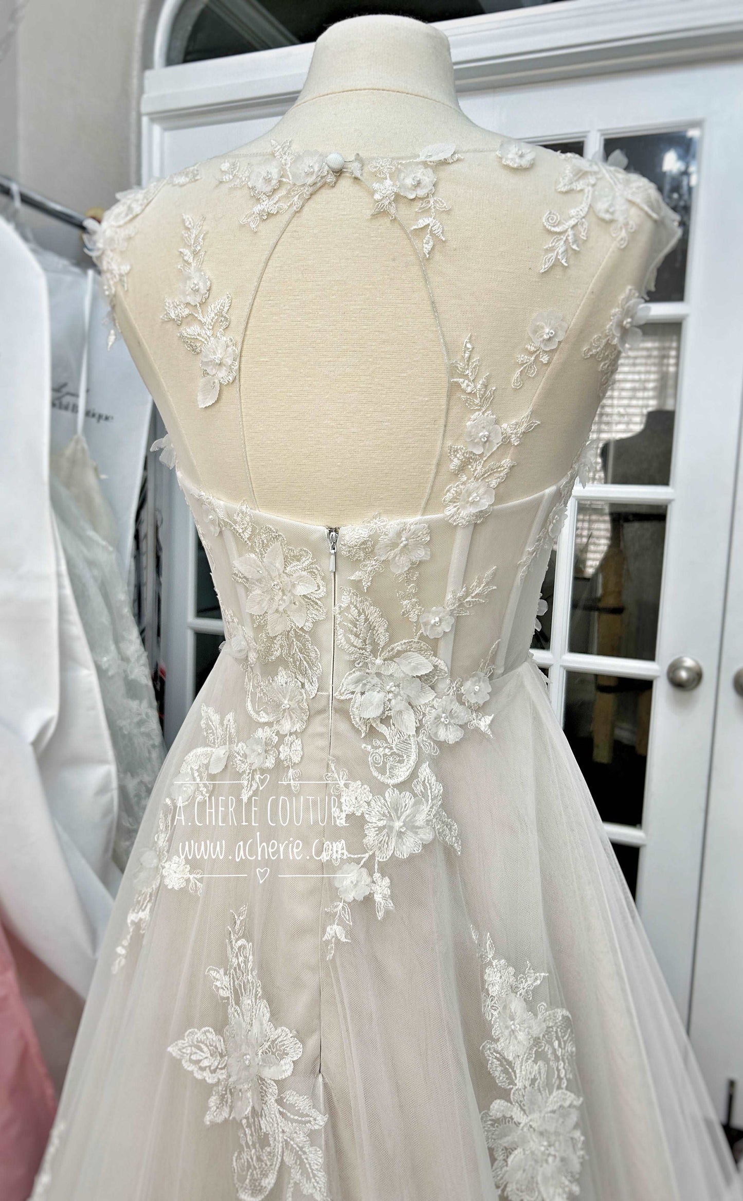Illusion Neckline 3D Floral Lace A-Line Wedding Dress Faye with Keyhole Back