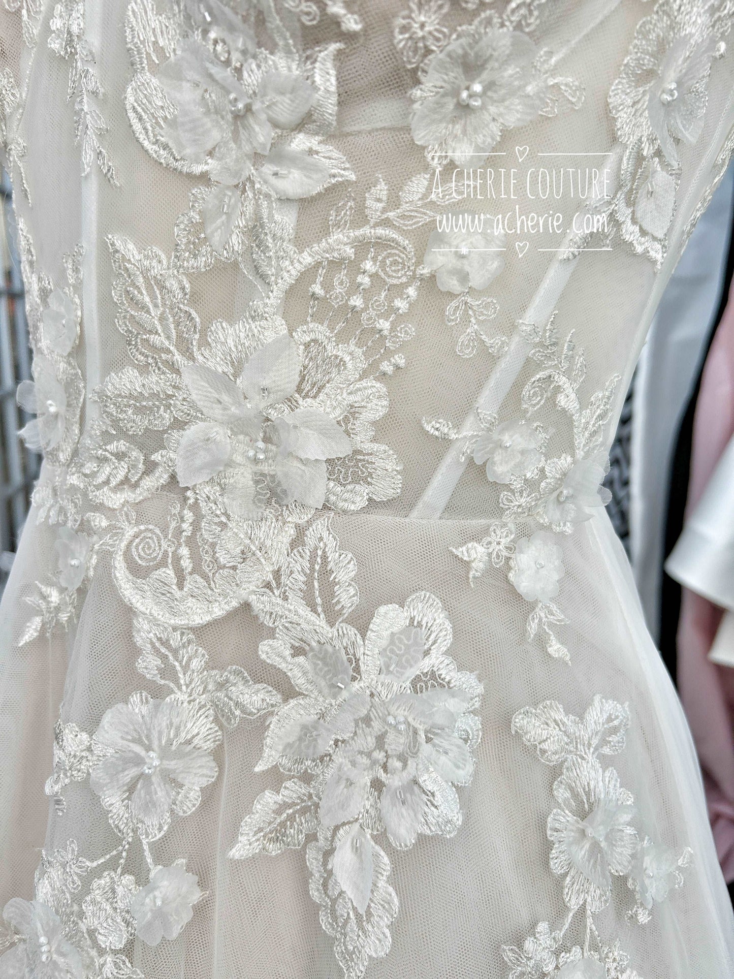 Illusion Neckline 3D Floral Lace A-Line Wedding Dress Faye with Keyhole Back