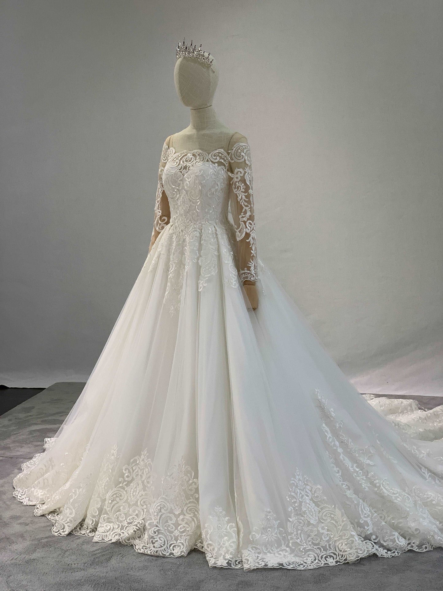 Illusion Scoop Neckline Lace & Tulle Over Satin Full A-Line Wedding Dress Andrea