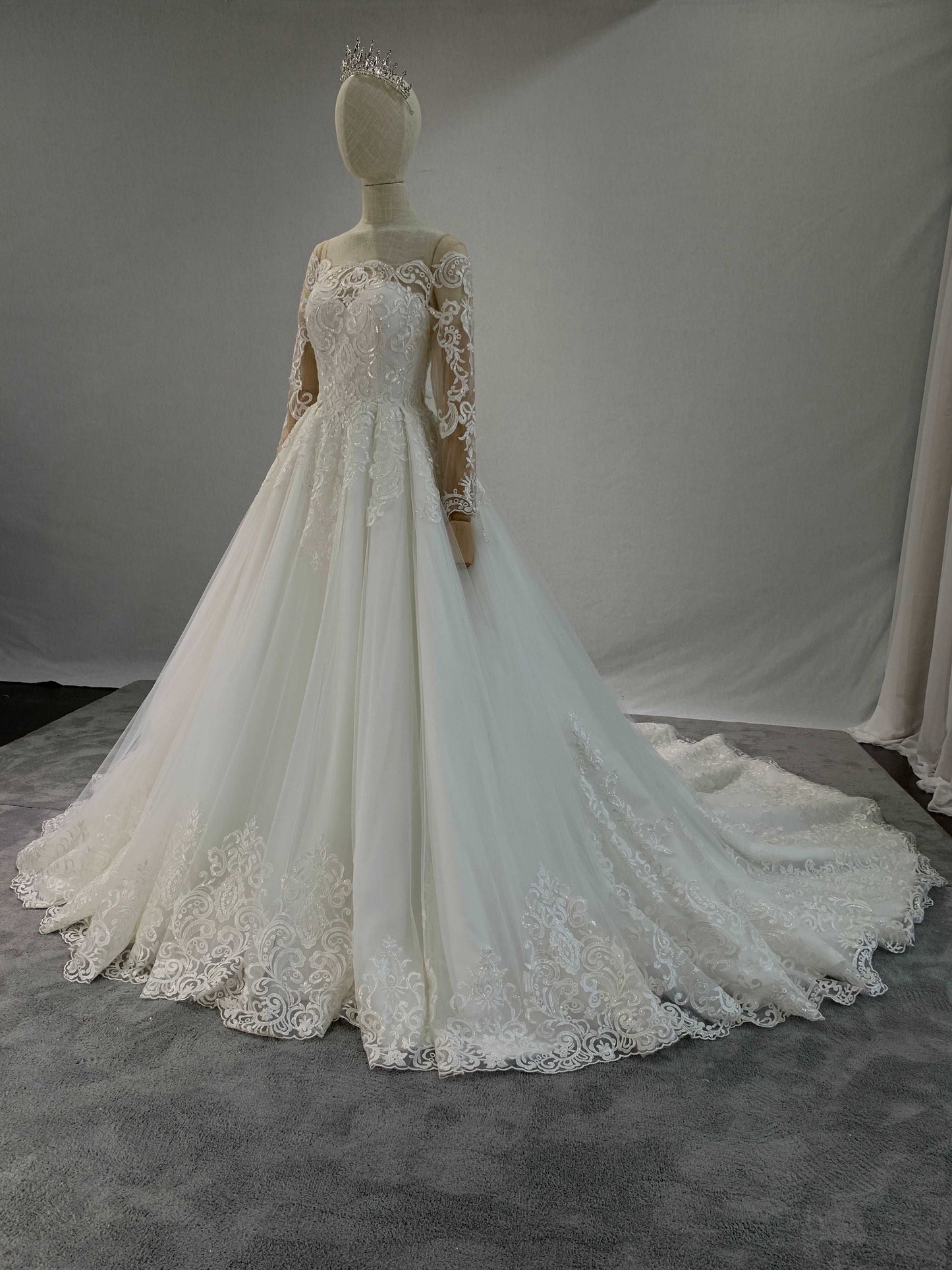 Illusion Scoop Neckline Lace & Tulle Over Satin Full A-Line Wedding Dress Andrea