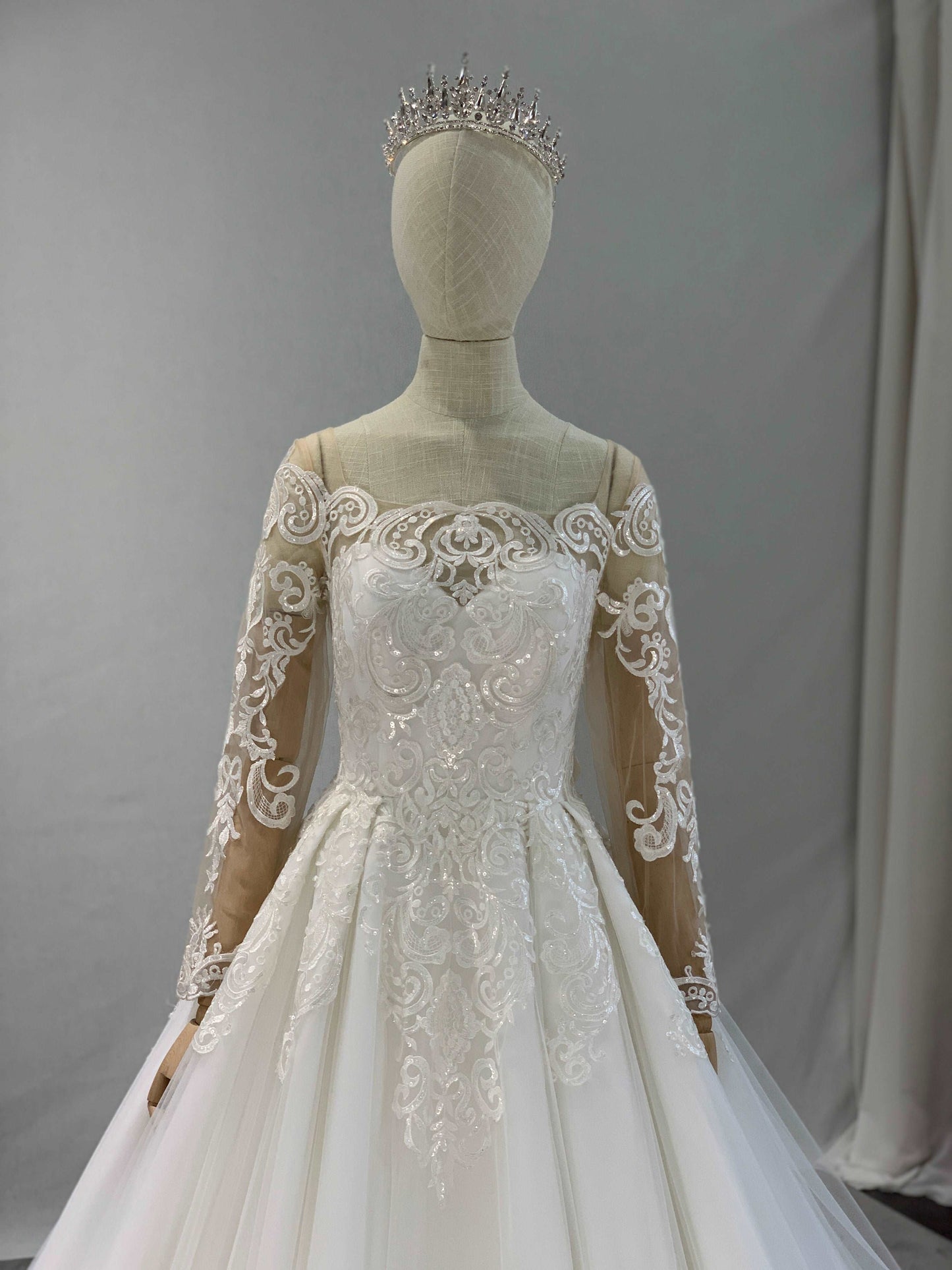 Illusion Scoop Neckline Lace & Tulle Over Satin Full A-Line Wedding Dress Andrea
