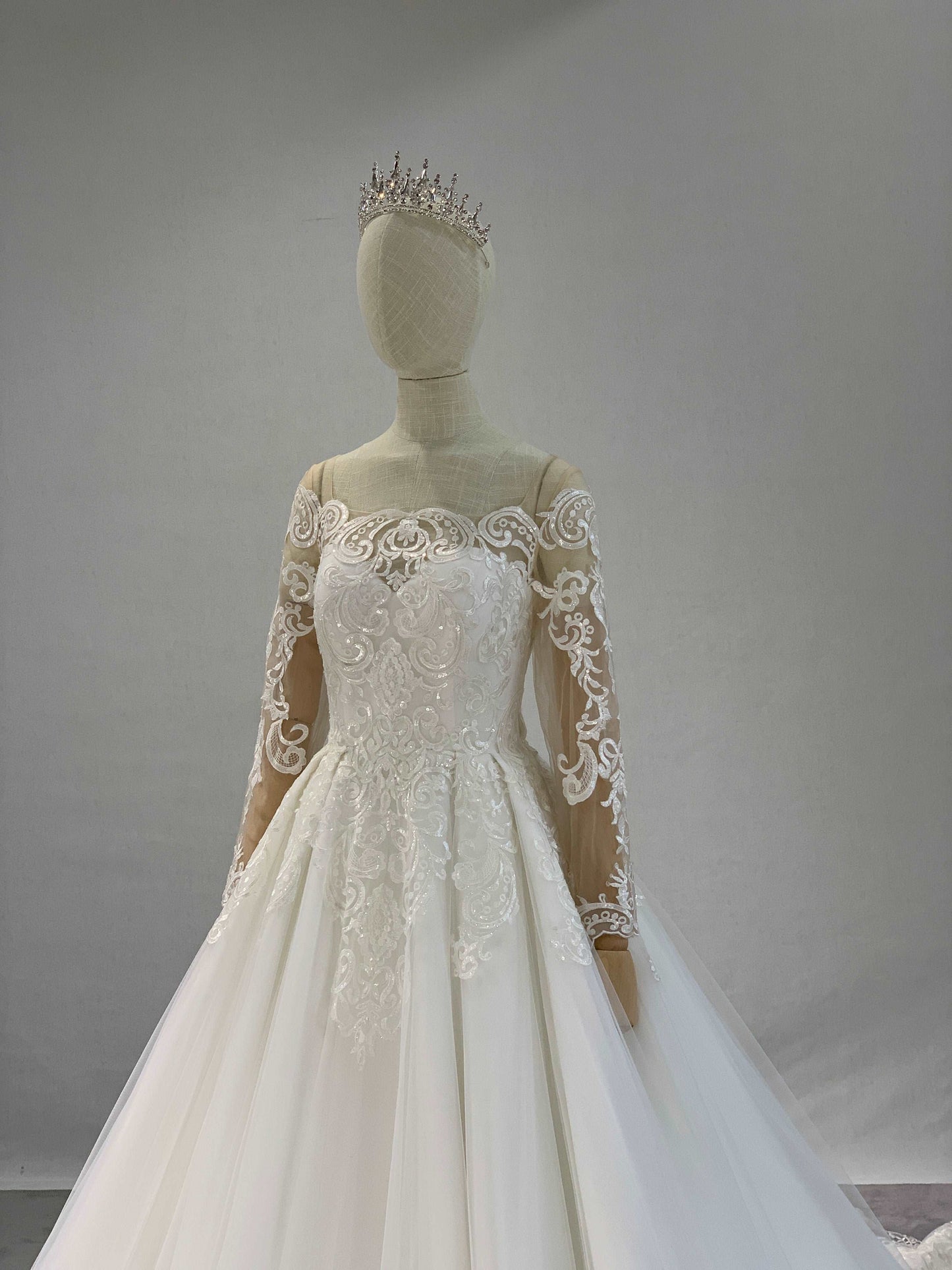 Illusion Scoop Neckline Lace & Tulle Over Satin Full A-Line Wedding Dress Andrea