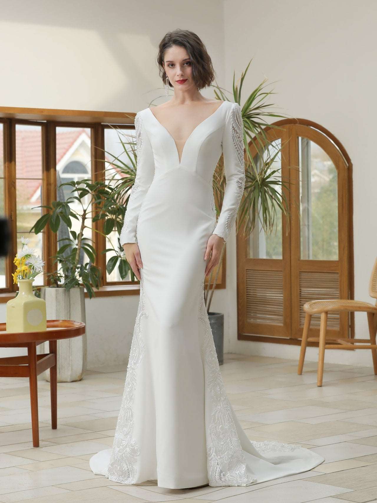 Low V-Neckline Crepe Fit & Flare Wedding Dress | Shop A.Cherie Light Ivory / US10 Low V-Neckline Crepe Fit & Flare Wedding Dress | Shop A.Cherie Light Ivory / US10