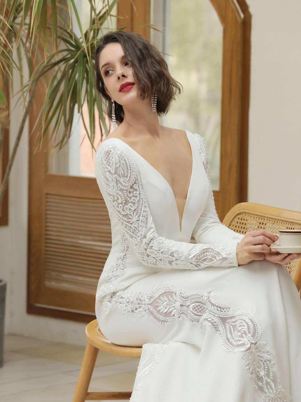 Low V-Neckline Crepe Fit & Flare Wedding Dress Silvia