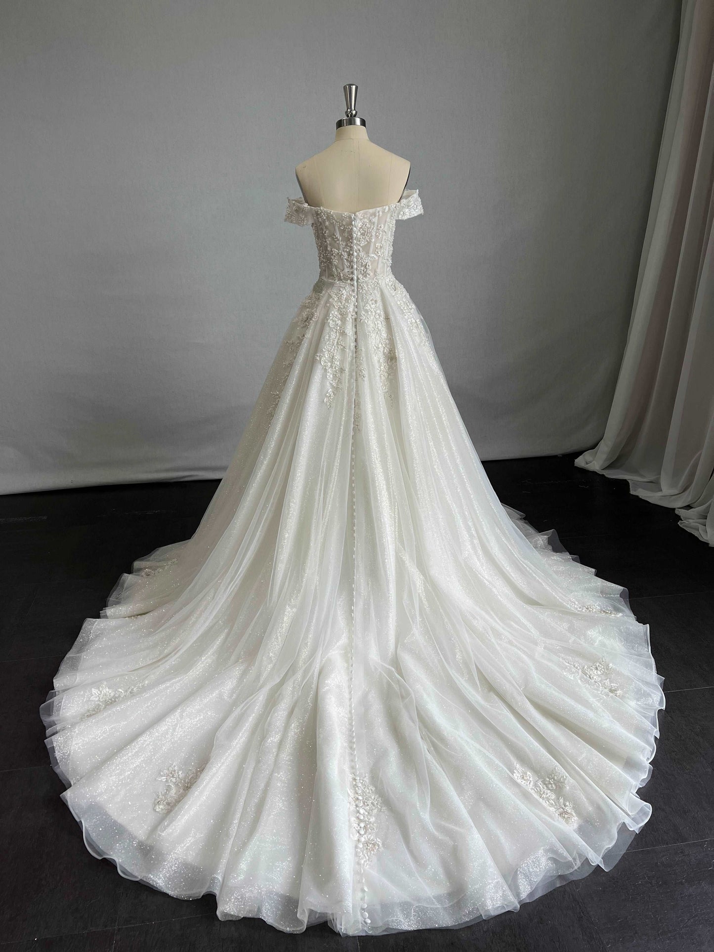 Off Shoulder Beaded Lace & Glitter Tulle A-Line Wedding Dress Wendy