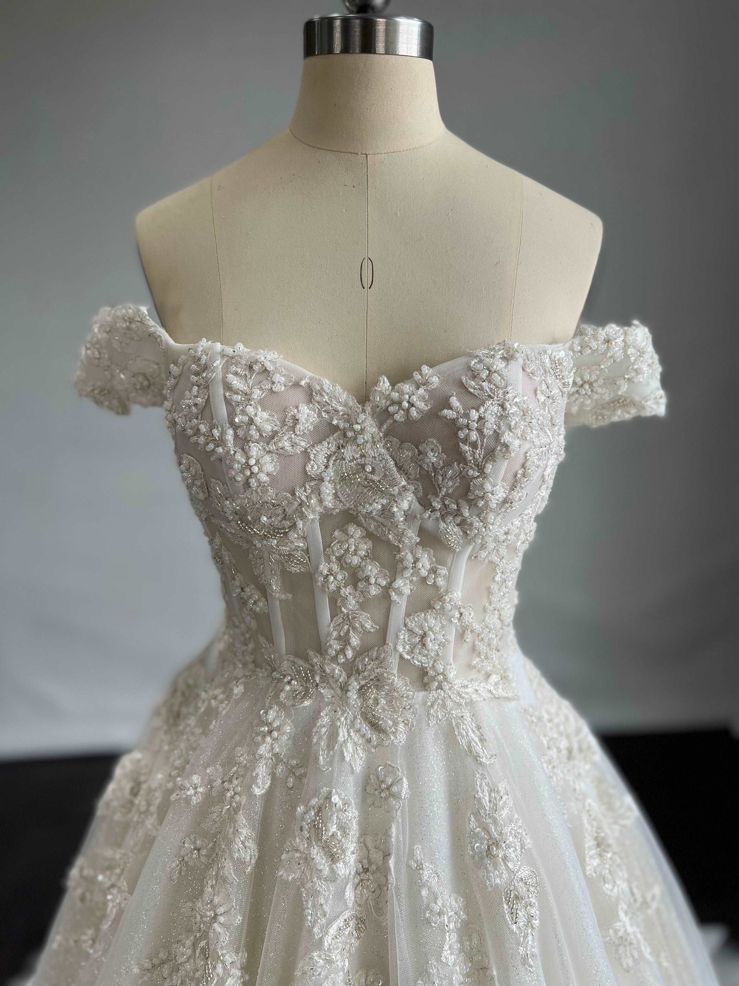 Off Shoulder Beaded Lace & Glitter Tulle A-Line Wedding Dress Wendy