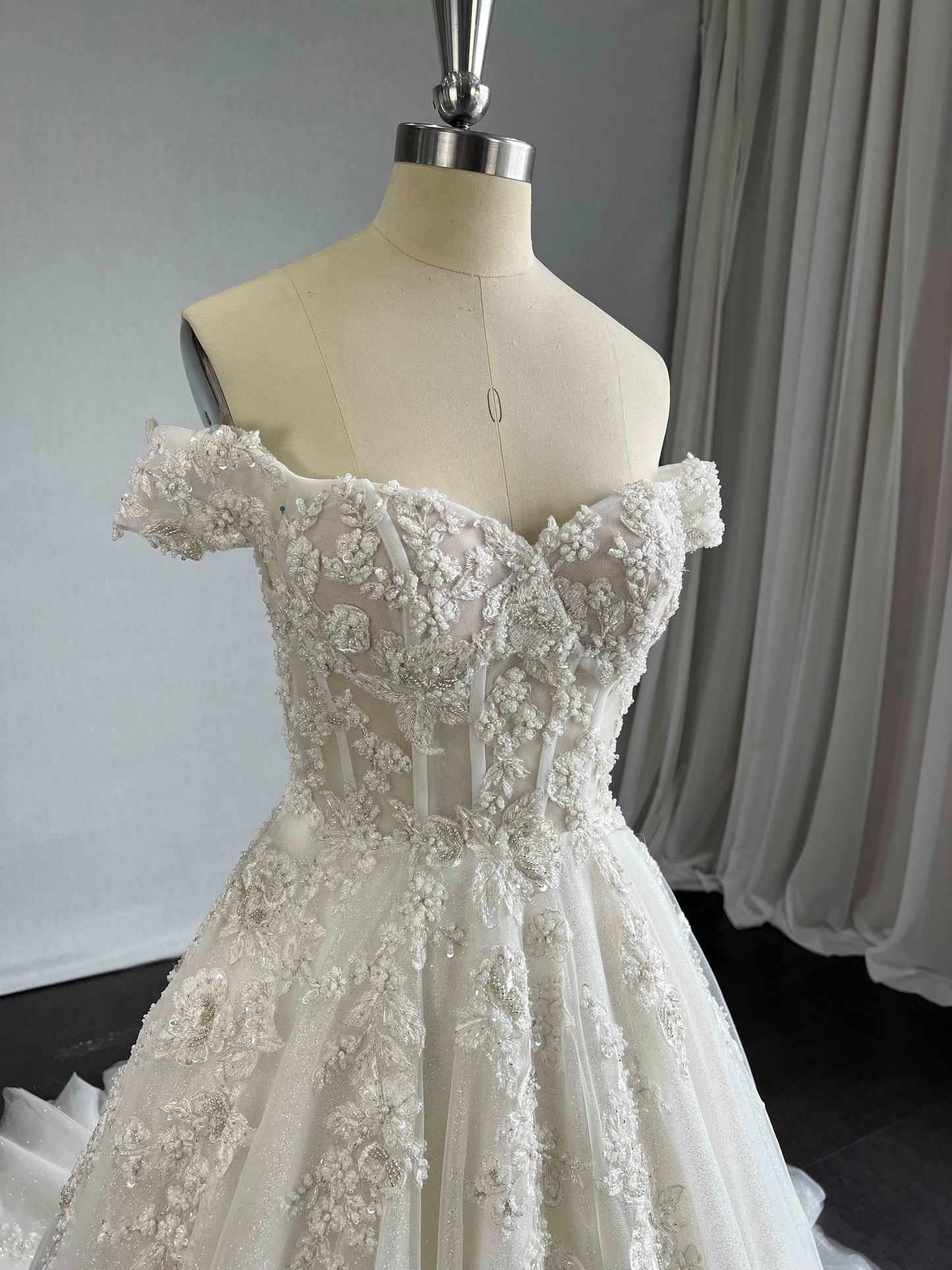 Off Shoulder Beaded Lace & Glitter Tulle A-Line Wedding Dress Wendy