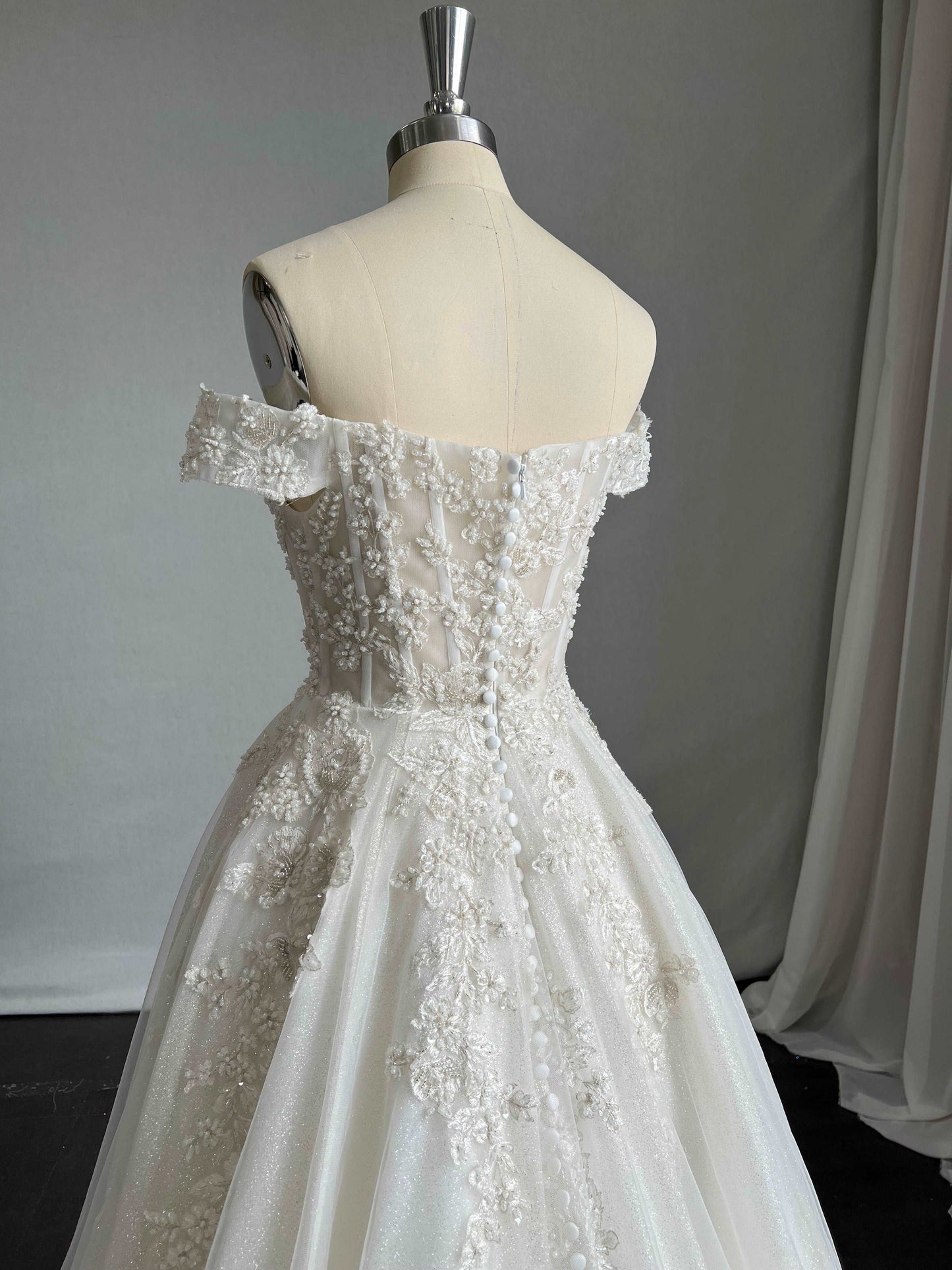 Off Shoulder Beaded Lace & Glitter Tulle A-Line Wedding Dress Wendy