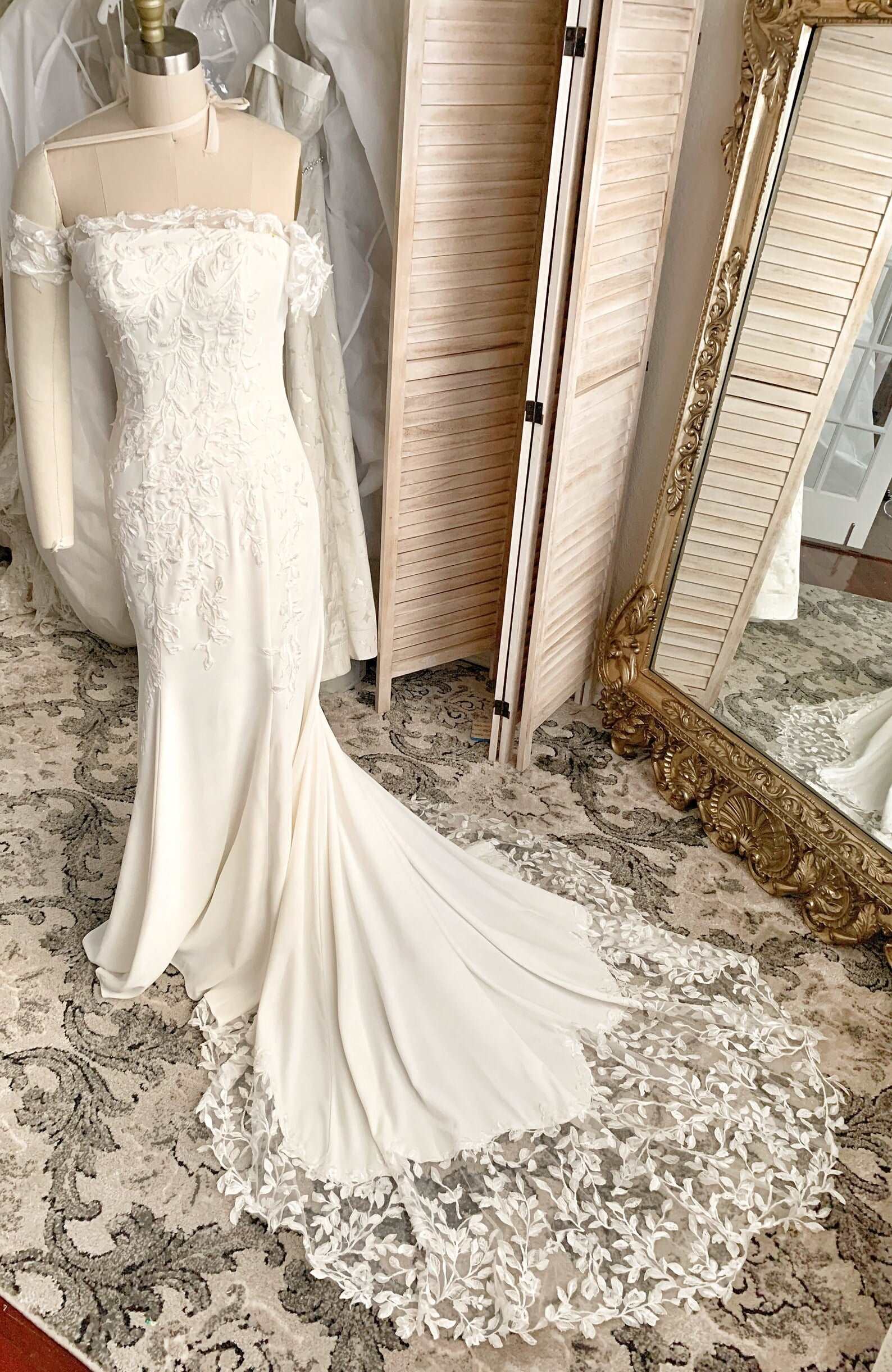 Off Shoulder Leaf Lace Fit & Flare Wedding Dress | Shop A.Cherie Light Ivory / Custom Size Off Shoulder Leaf Lace Fit & Flare Wedding Dress | Shop A.Cherie Light Ivory / Custom Size