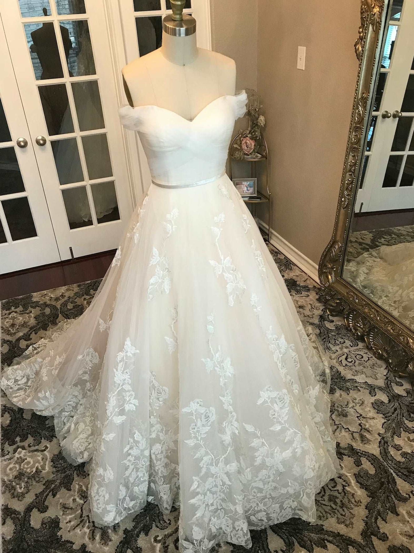 Off Shoulder Pleated with Floral Lace Full A-Line Wedding Dress Bella