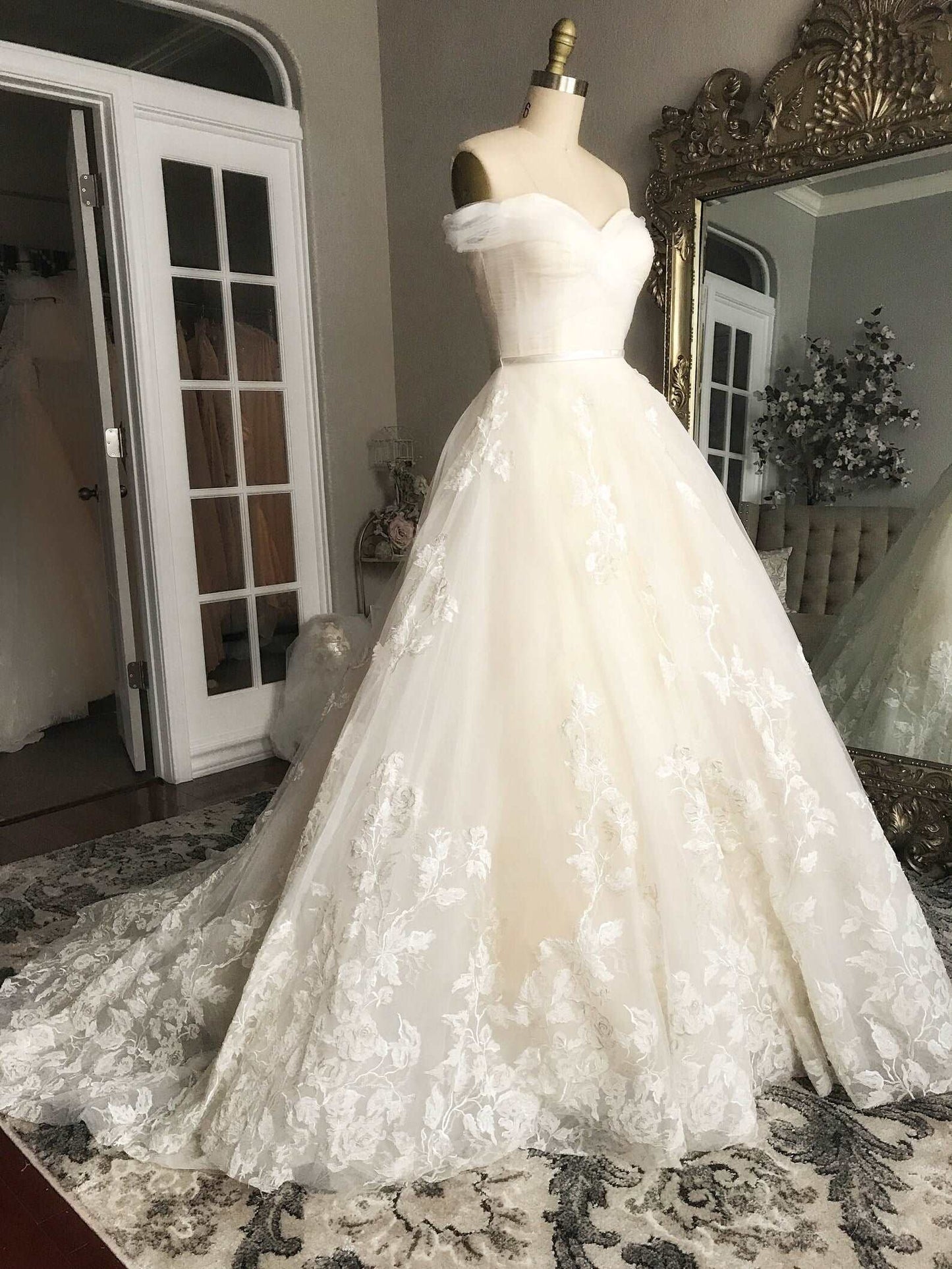 Off Shoulder Pleated with Floral Lace Full A-Line Wedding Dress Bella