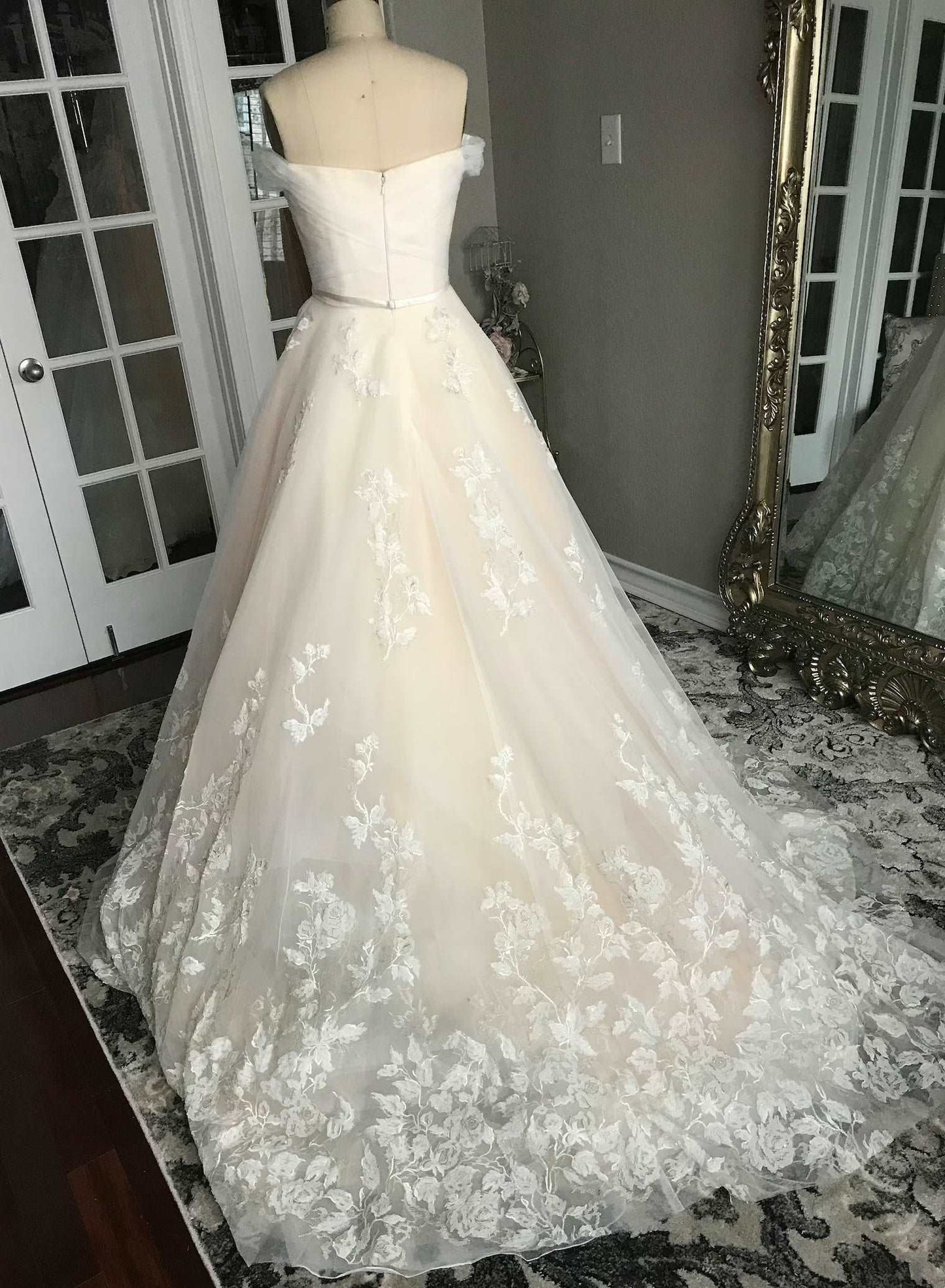 Off Shoulder Pleated with Floral Lace Full A-Line Wedding Dress Bella