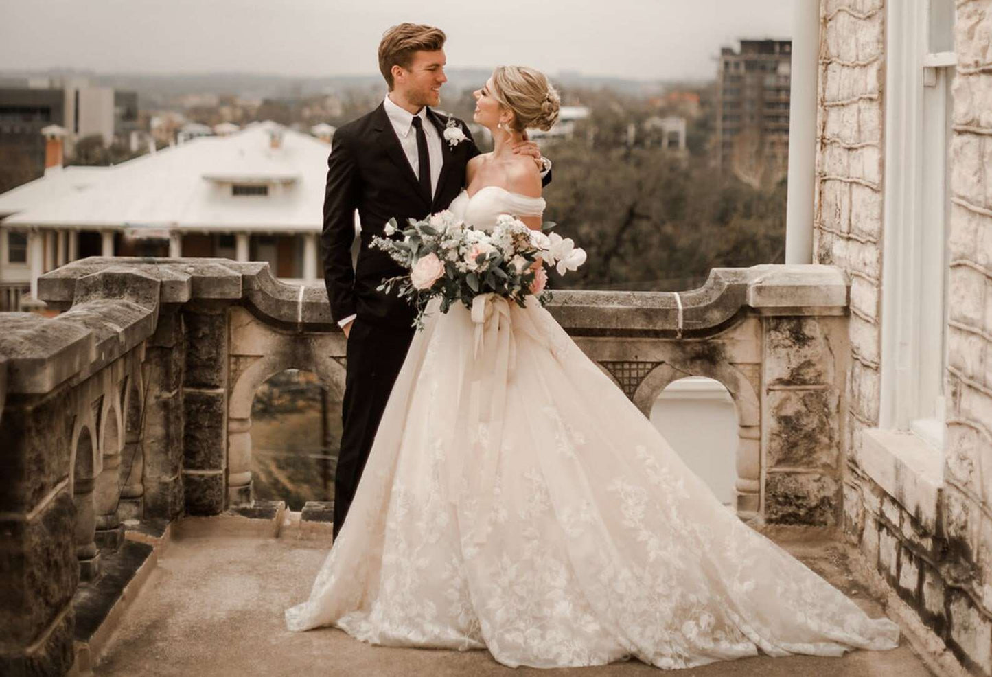 Off Shoulder Pleated with Floral Lace Full A-Line Wedding Dress Bella