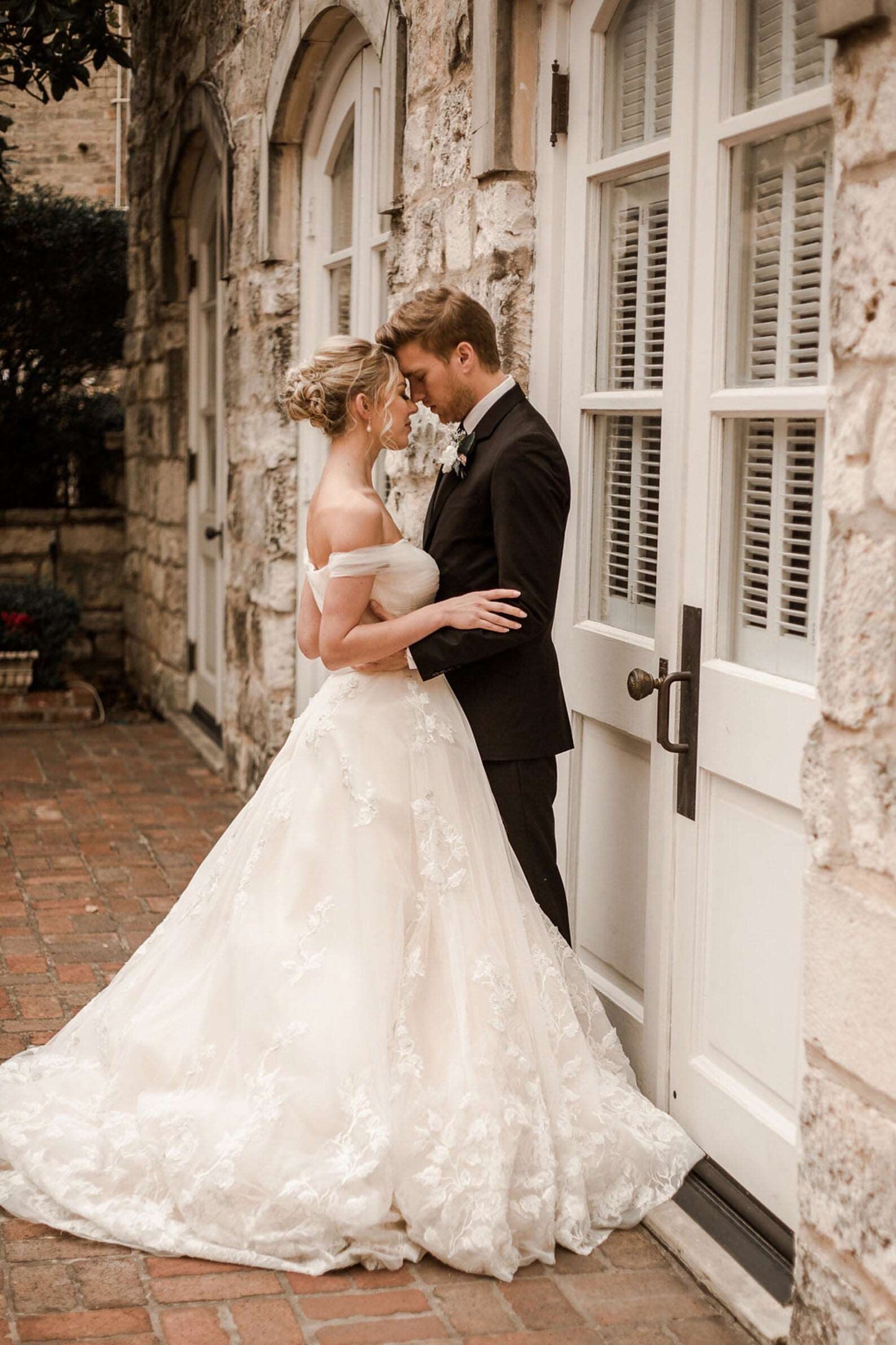 Off Shoulder Pleated with Floral Lace Full A-Line Wedding Dress Bella