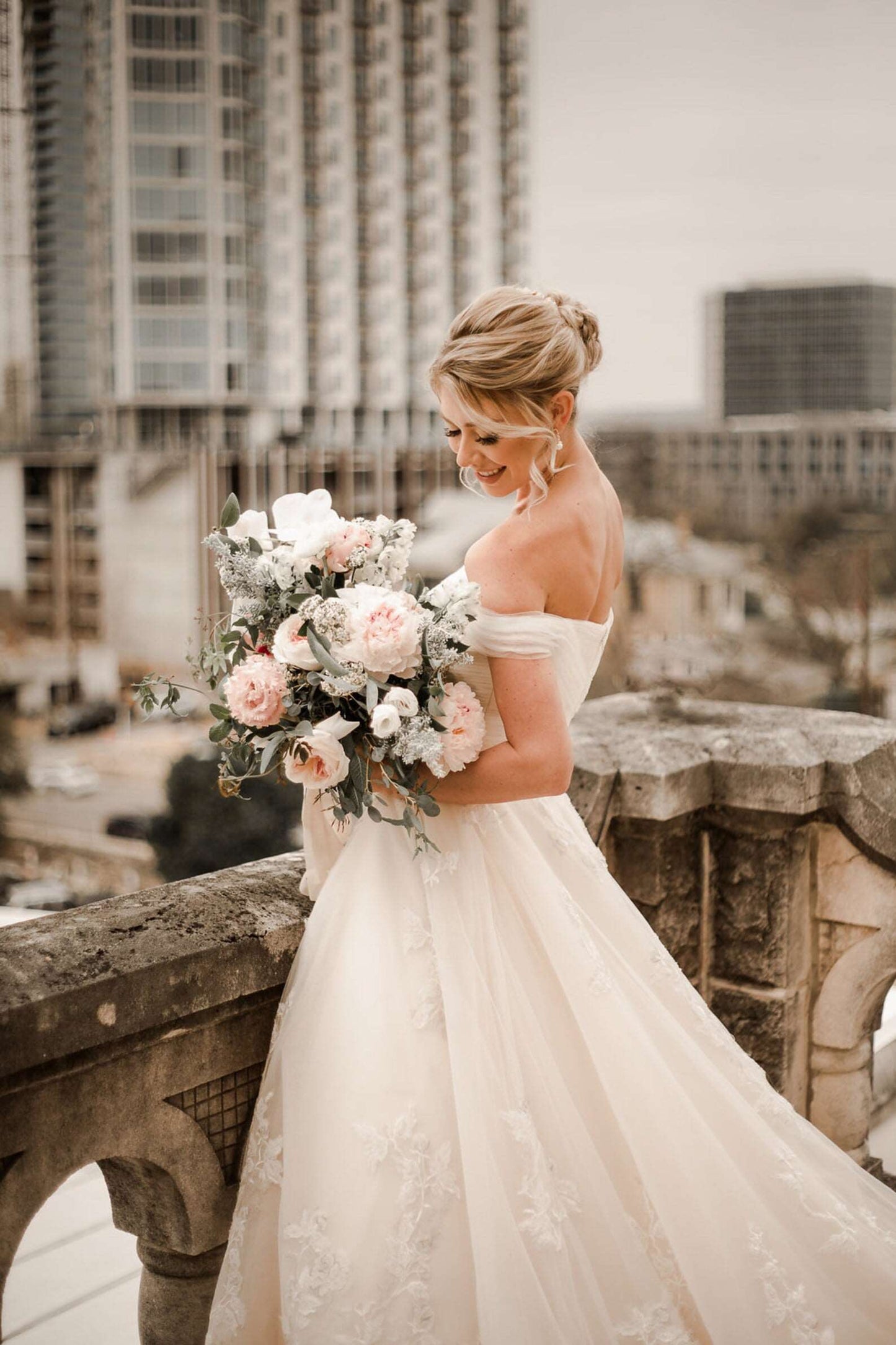 Off Shoulder Pleated with Floral Lace Full A-Line Wedding Dress Bella