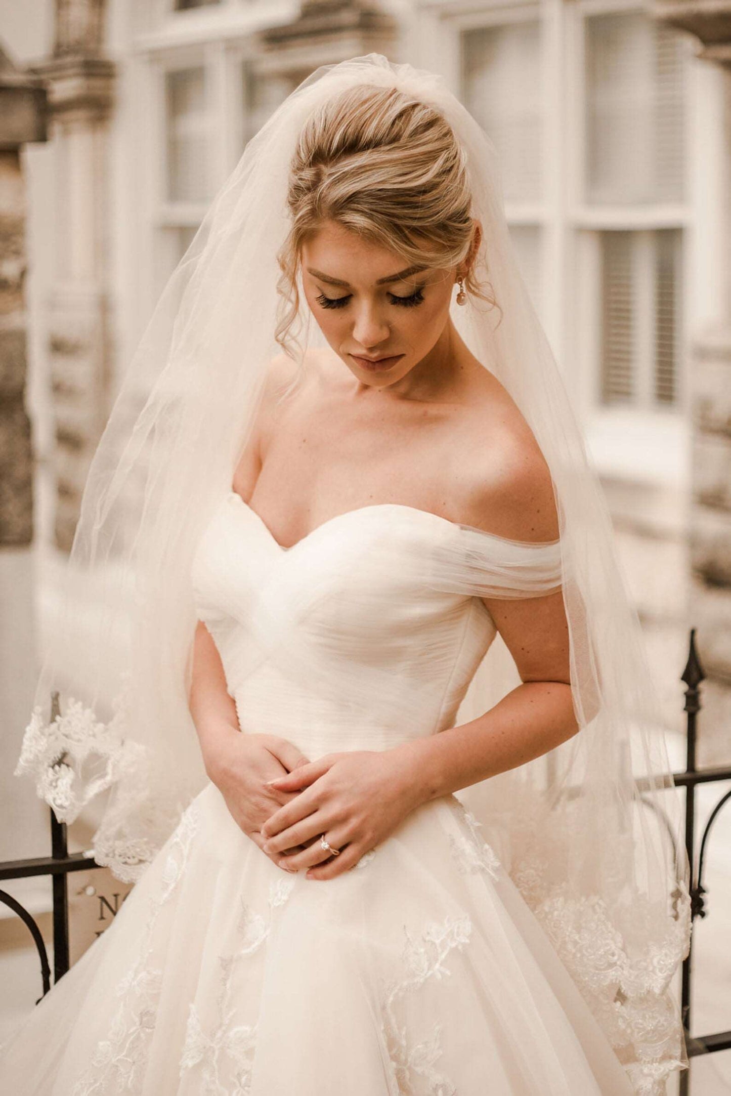 Off Shoulder Pleated with Floral Lace Full A-Line Wedding Dress Bella
