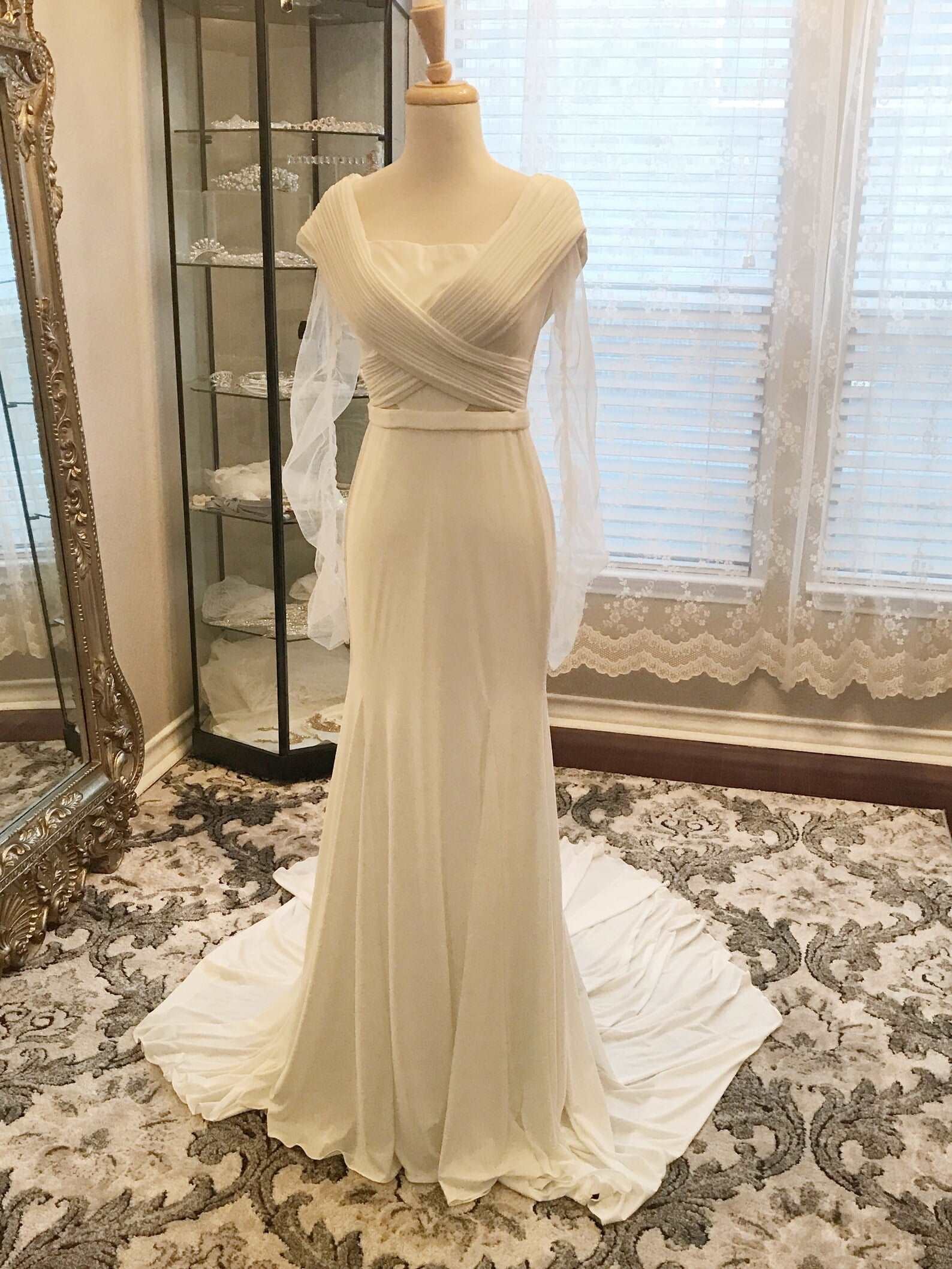 Pleated Bodice with Cut Outs Fit & Flare Wedding Dress | Shop A.Cherie Light Ivory / US14 Pleated Bodice with Cut Outs Fit & Flare Wedding Dress | Shop A.Cherie Light Ivory / US14