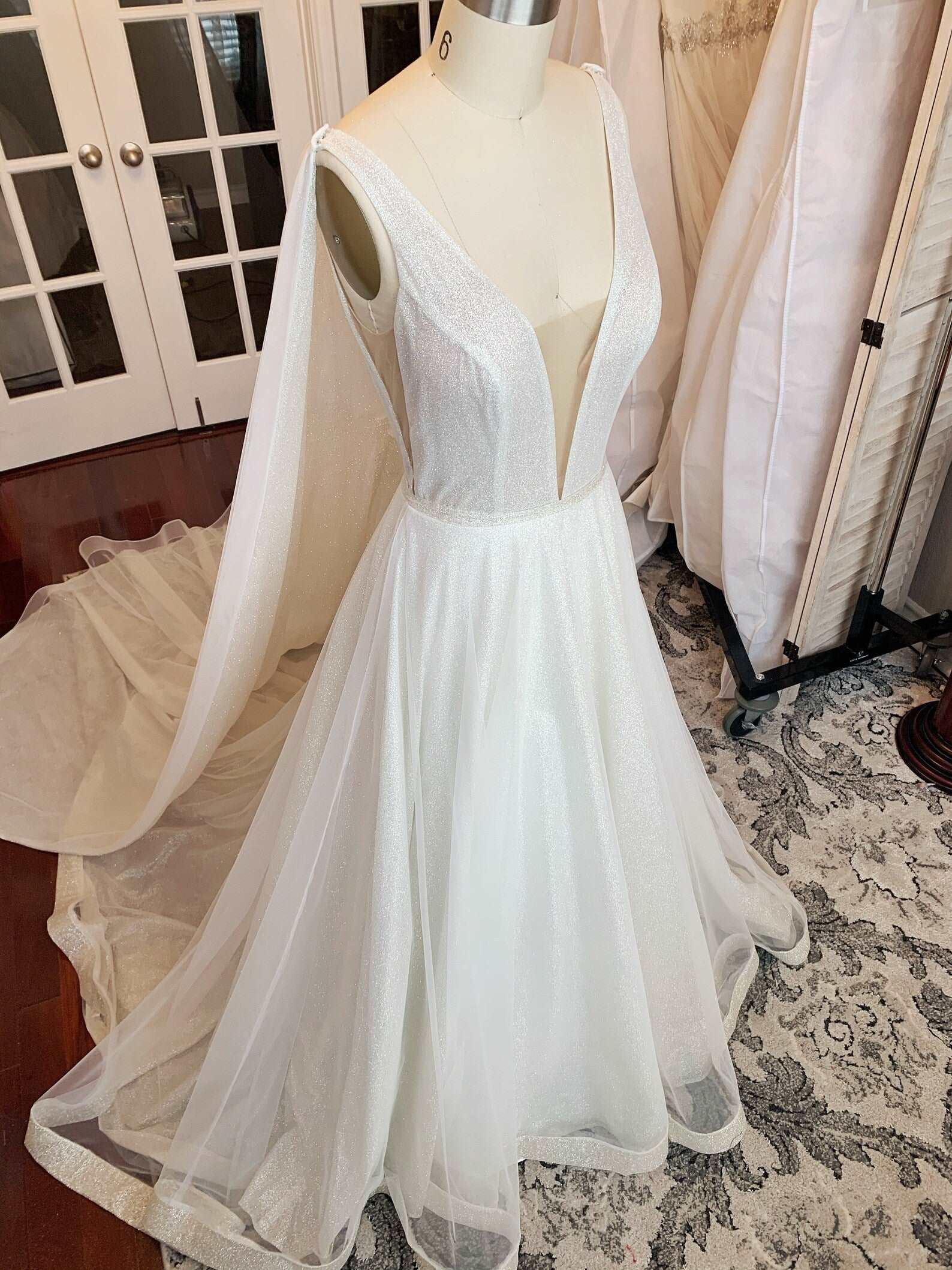 Plunge Neckline Glitter A-Line Wedding Dress | Shop A.Cherie Light Ivory / US8 Plunge Neckline Glitter A-Line Wedding Dress | Shop A.Cherie Light Ivory / US8