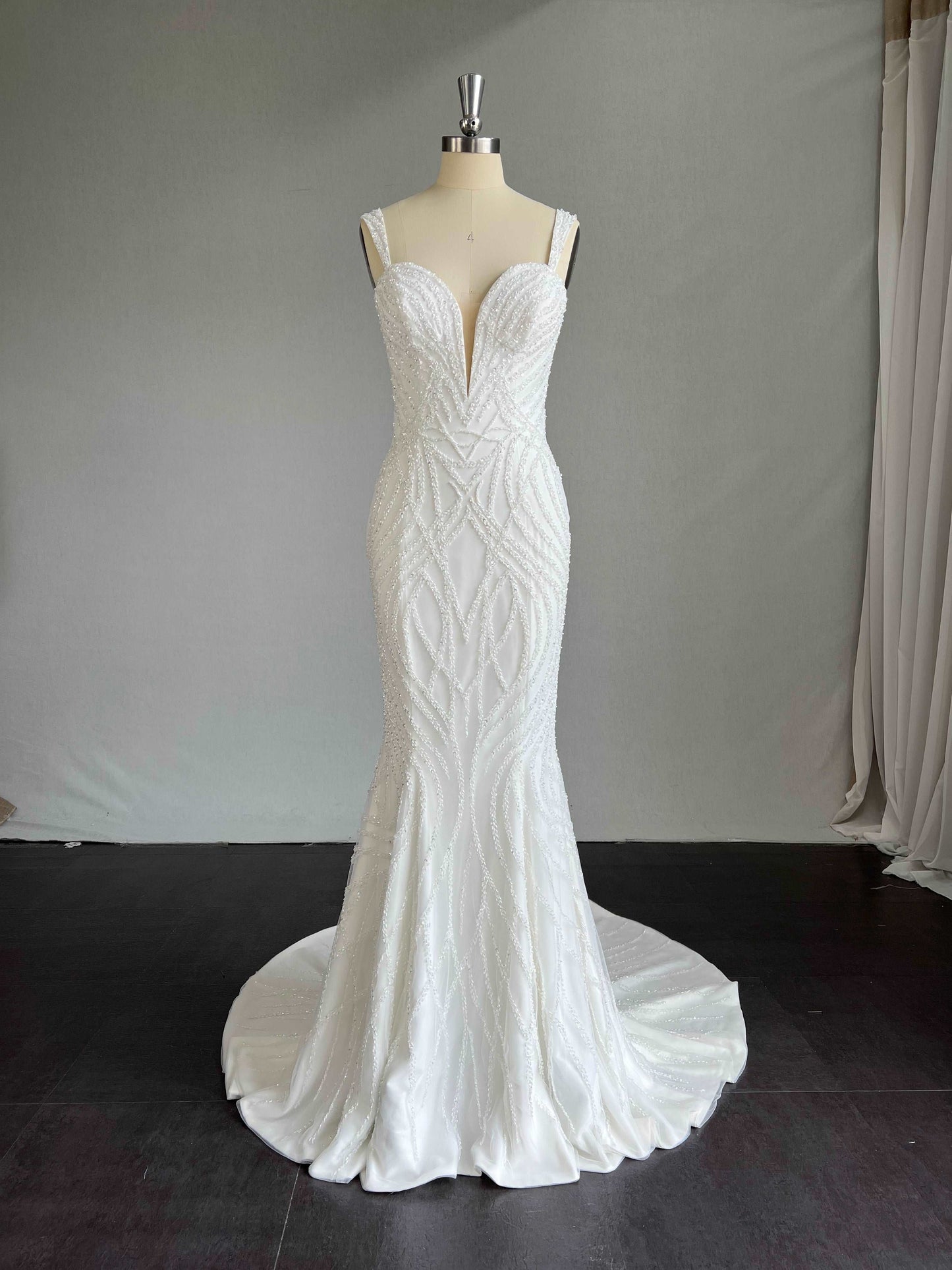 Plunge Neckline Beaded Crepe Fit & Flare Wedding Dress Amelia